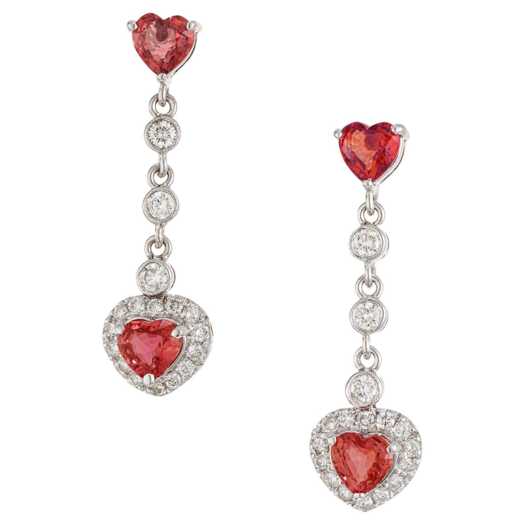 1.50 Carat Orange Heart Sapphire Diamond Gold Drop Dangle Earrings en vente