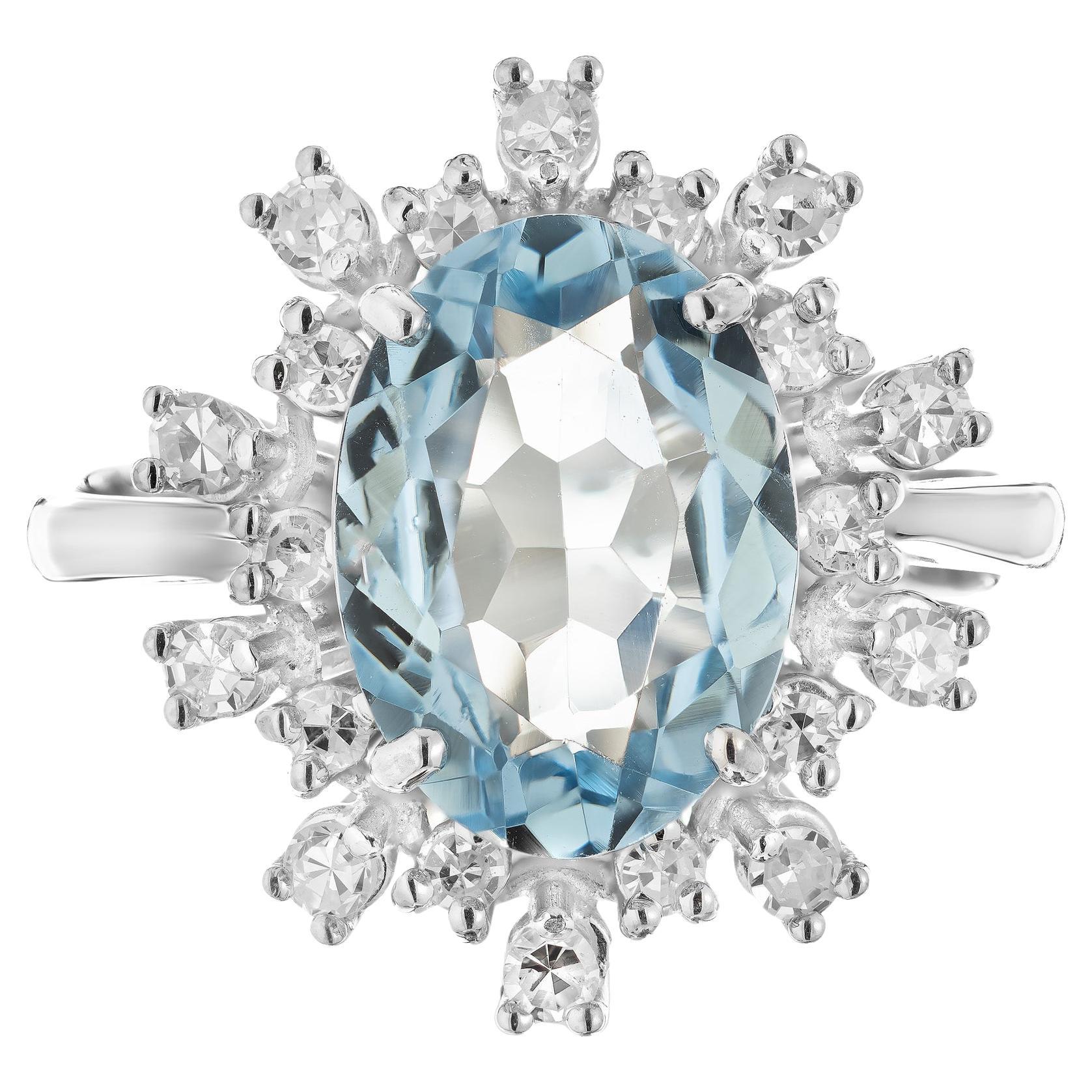 1.50 Carat Oval Aquamarine Diamond Halo Gold Engagement Ring  For Sale