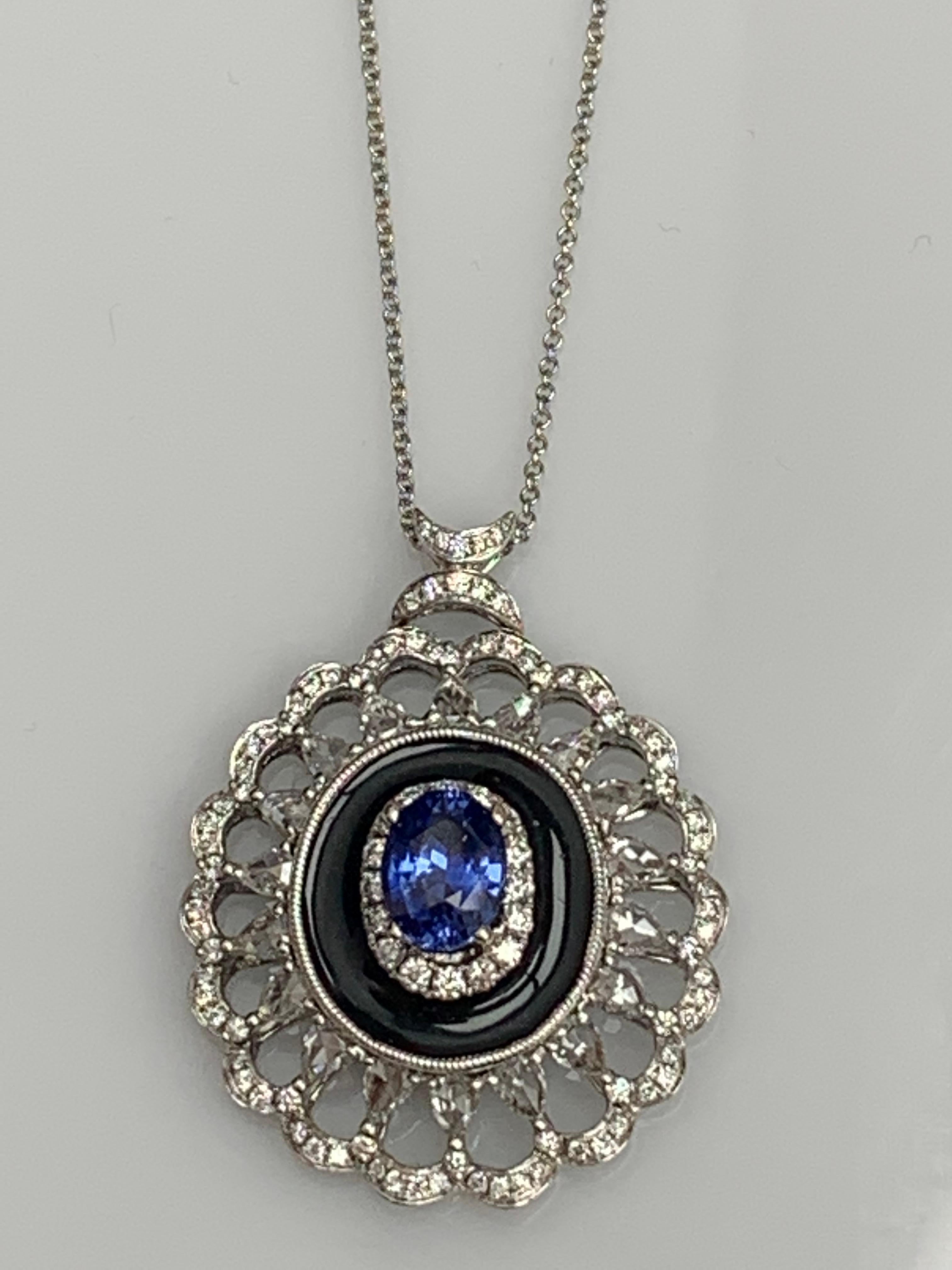 1.50 Carat Oval Cut Sapphire and Diamond Flower Pendant Necklace 18k White Gold For Sale 5