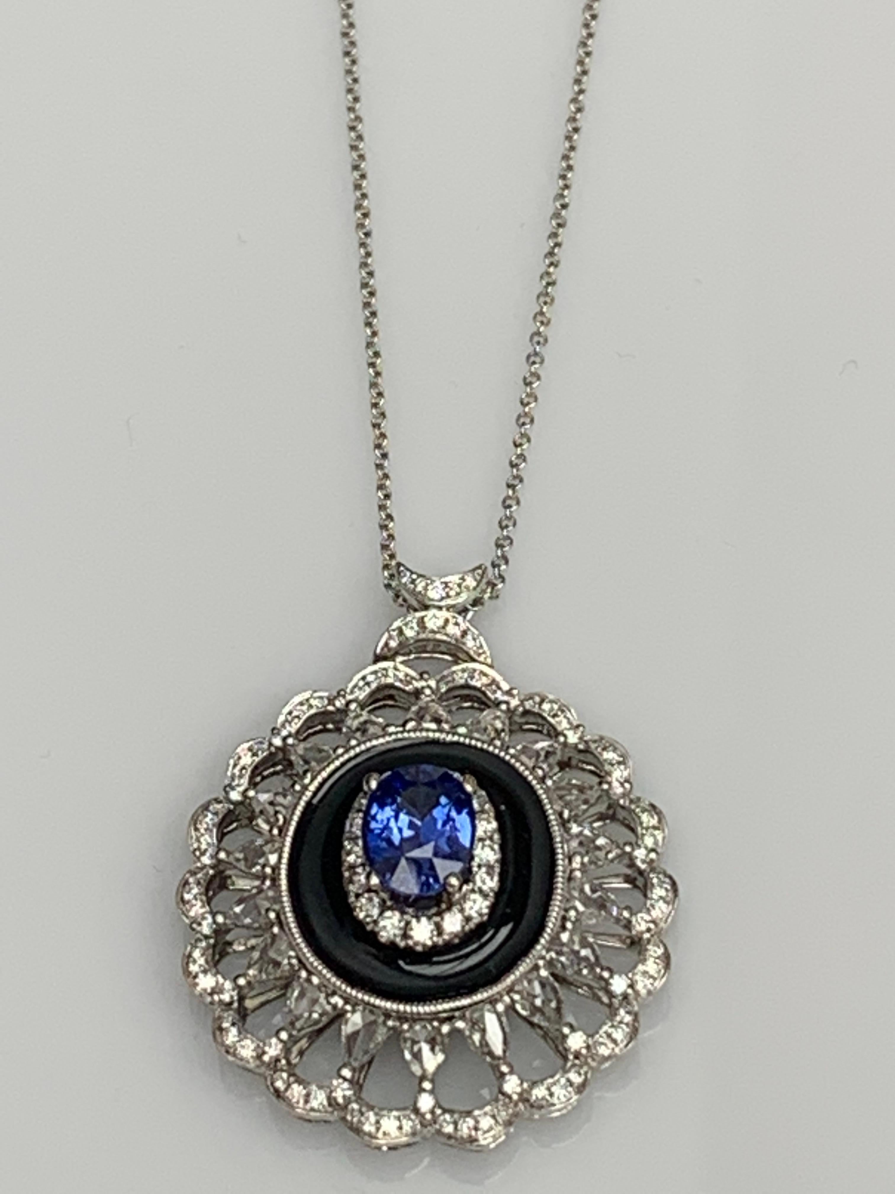 1.50 Carat Oval Cut Sapphire and Diamond Flower Pendant Necklace 18k White Gold For Sale 6