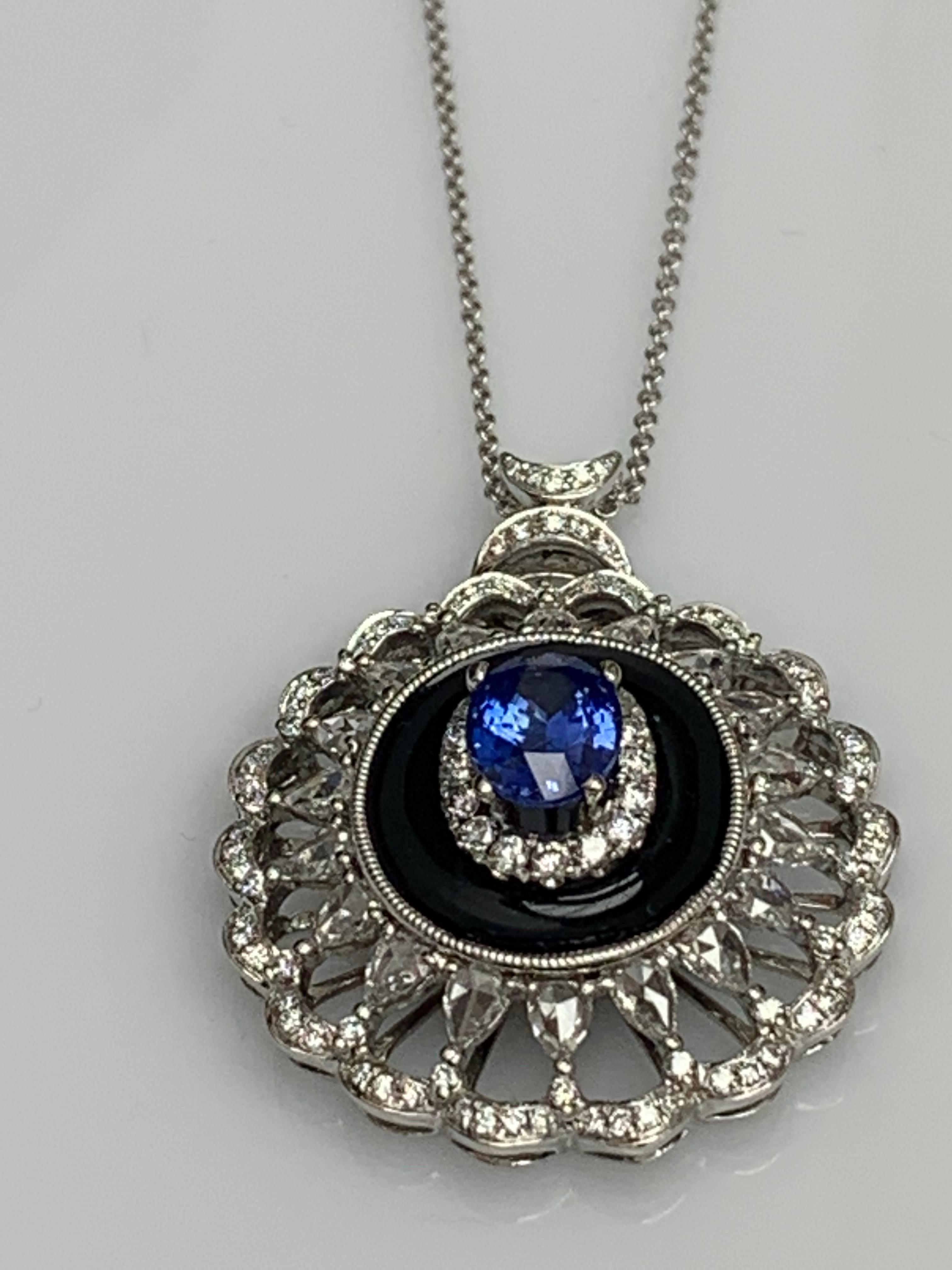 1.50 Carat Oval Cut Sapphire and Diamond Flower Pendant Necklace 18k White Gold For Sale 7