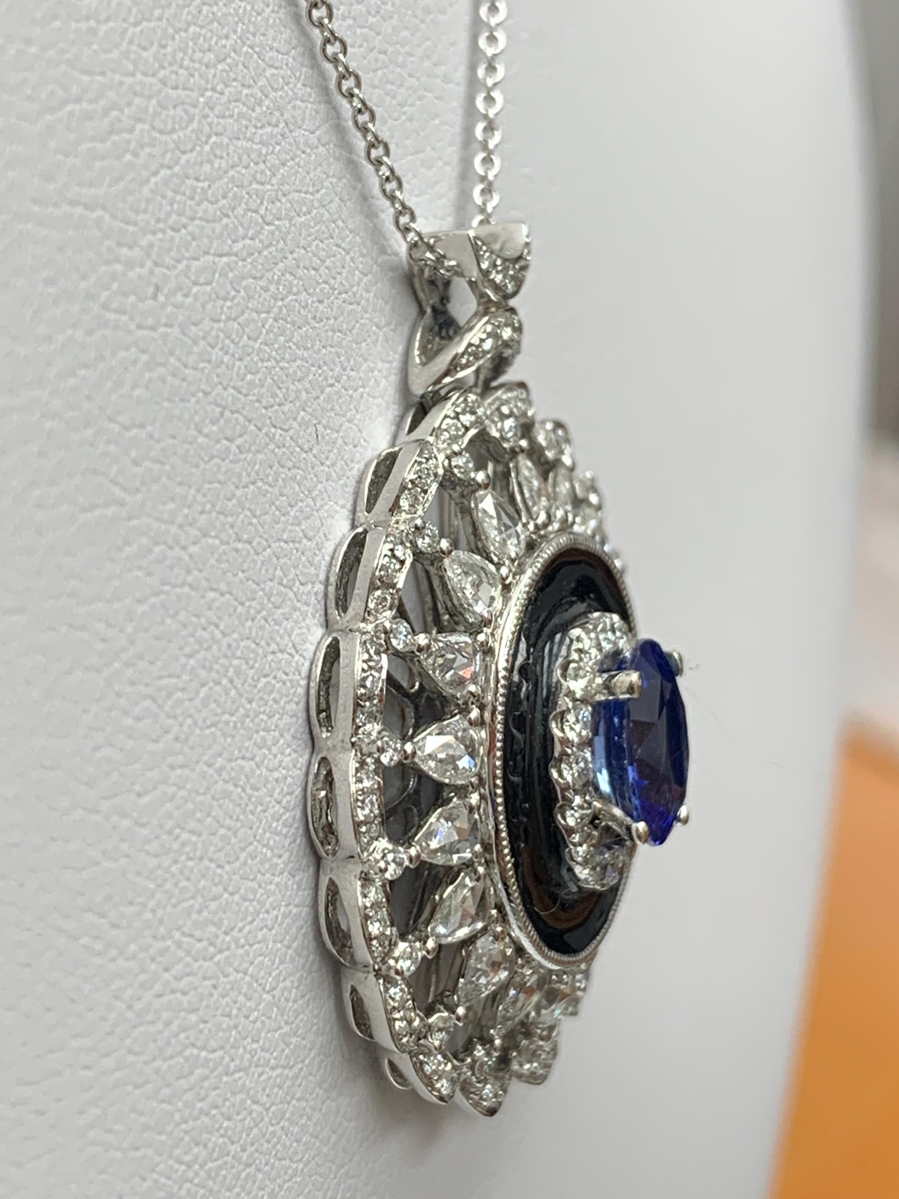 Modern 1.50 Carat Oval Cut Sapphire and Diamond Flower Pendant Necklace 18k White Gold For Sale