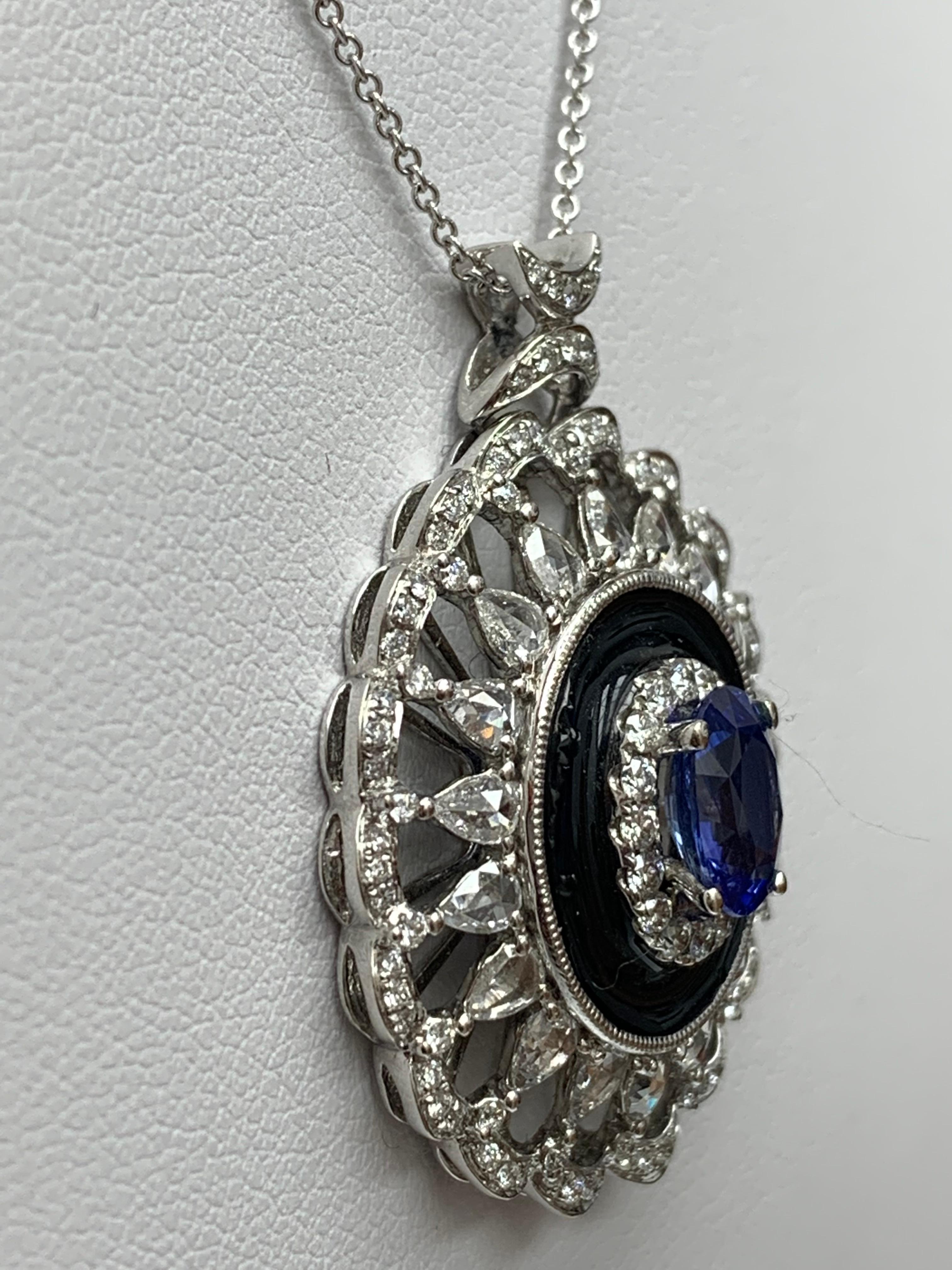 1.50 Carat Oval Cut Sapphire and Diamond Flower Pendant Necklace 18k White Gold In New Condition For Sale In NEW YORK, NY