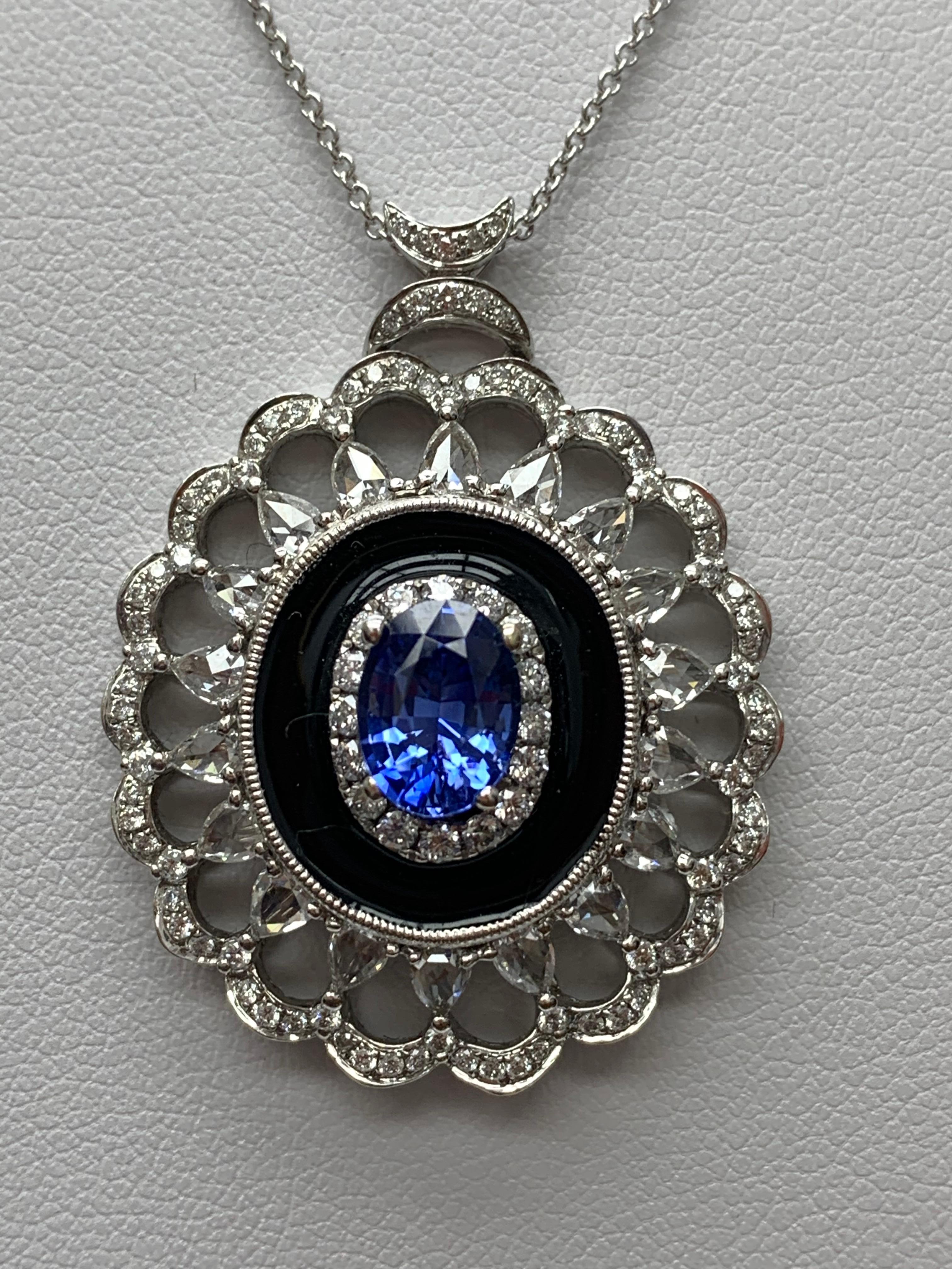 1.50 Carat Oval Cut Sapphire and Diamond Flower Pendant Necklace 18k White Gold For Sale 2