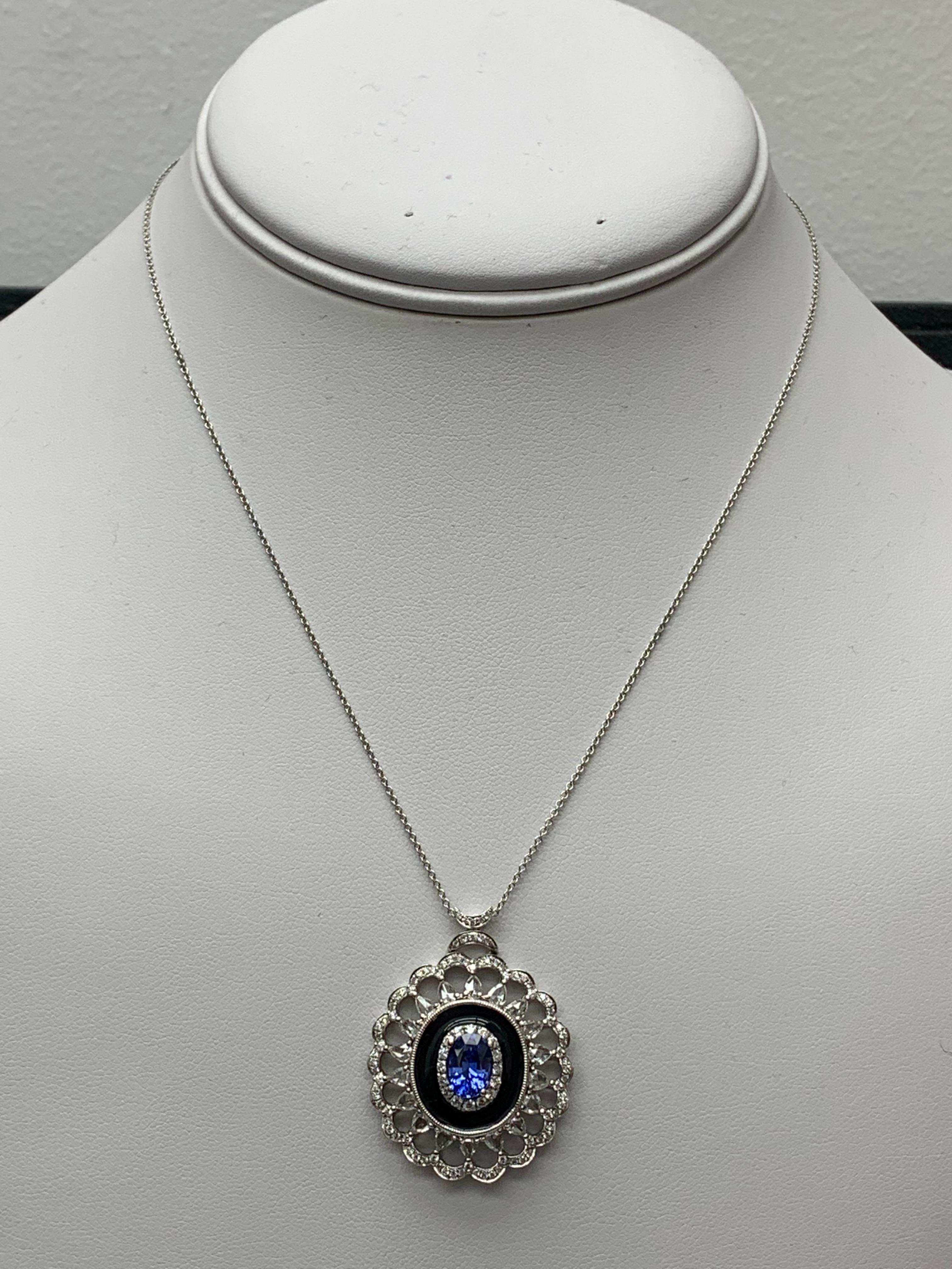 1.50 Carat Oval Cut Sapphire and Diamond Flower Pendant Necklace 18k White Gold For Sale 3