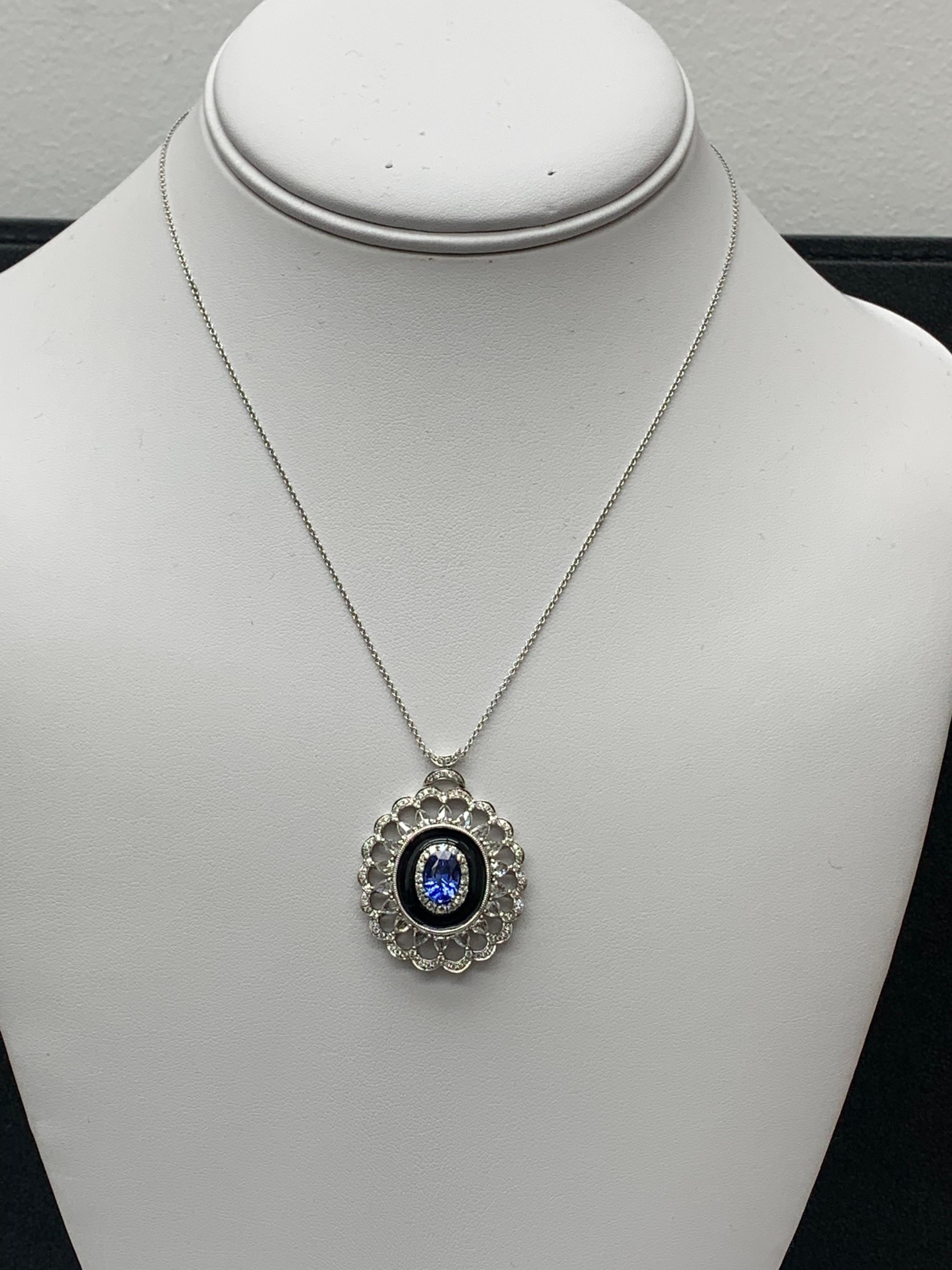 1.50 Carat Oval Cut Sapphire and Diamond Flower Pendant Necklace 18k White Gold For Sale 4