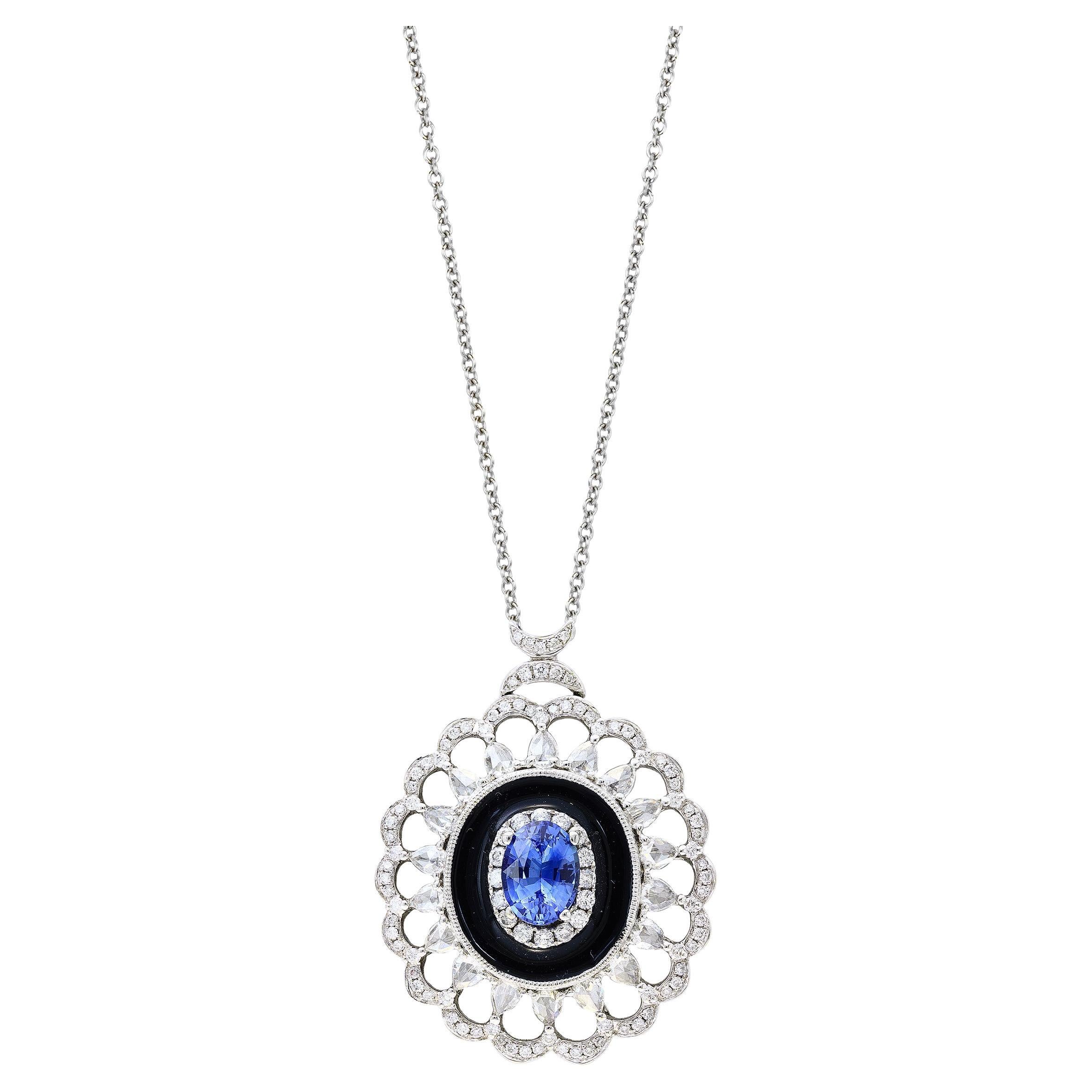 Collier pendentif fleur en or blanc 18 carats avec saphir taille ovale de 1,50 carat et diamants