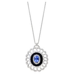 1.50 Carat Oval Cut Sapphire and Diamond Flower Pendant Necklace 18k White Gold
