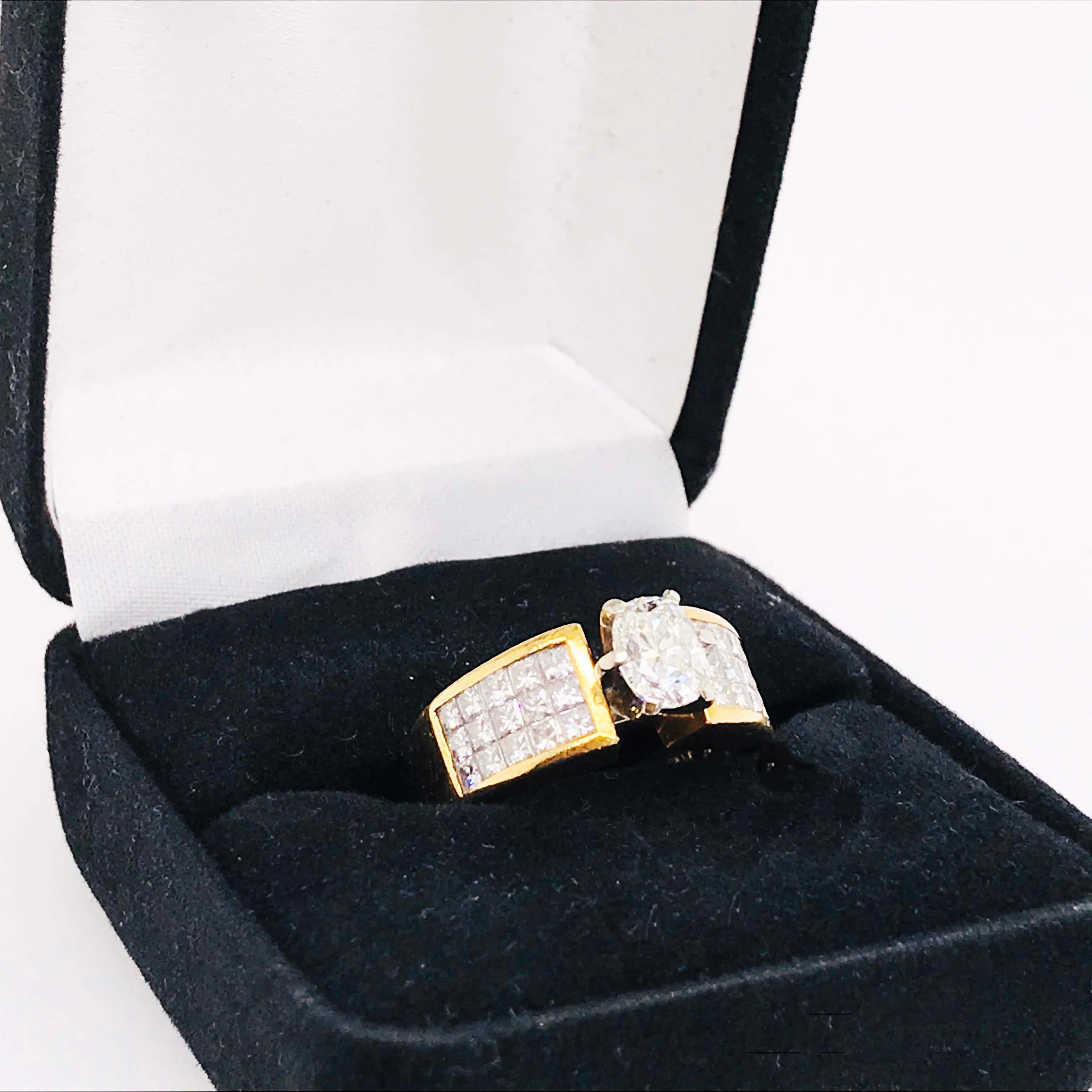 Oval Cut Oval Diamond Ring, 1.50 Carat with Princess Cut Diamond Band, 18 Karat Gold For Sale