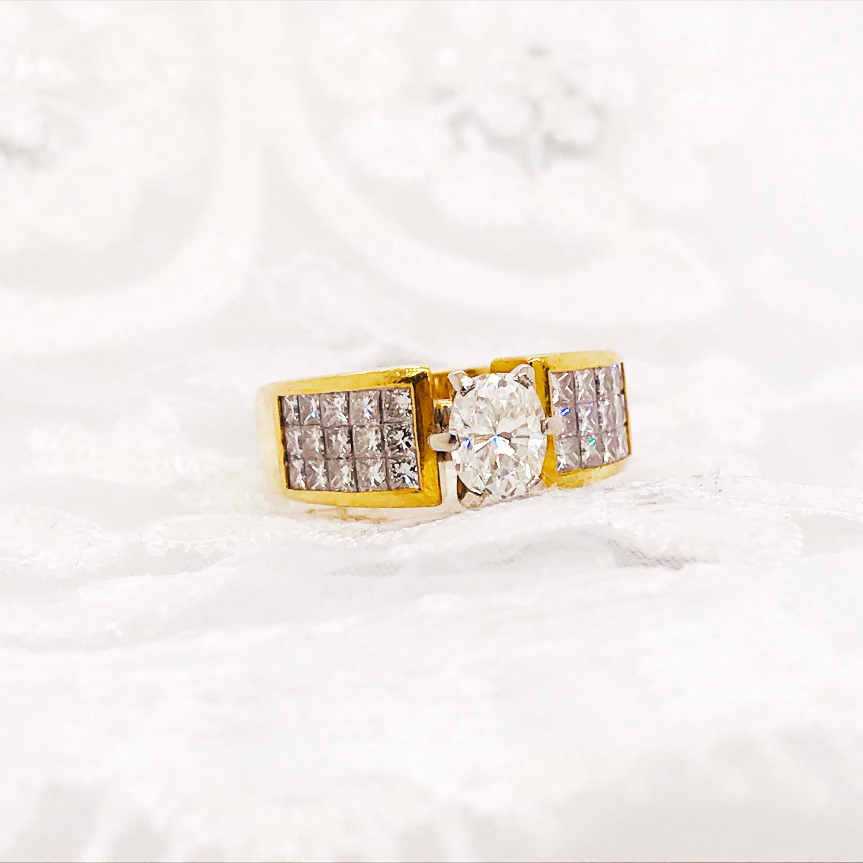Oval Diamond Ring, 1.50 Carat with Princess Cut Diamond Band, 18 Karat Gold In Excellent Condition For Sale In Austin, TX