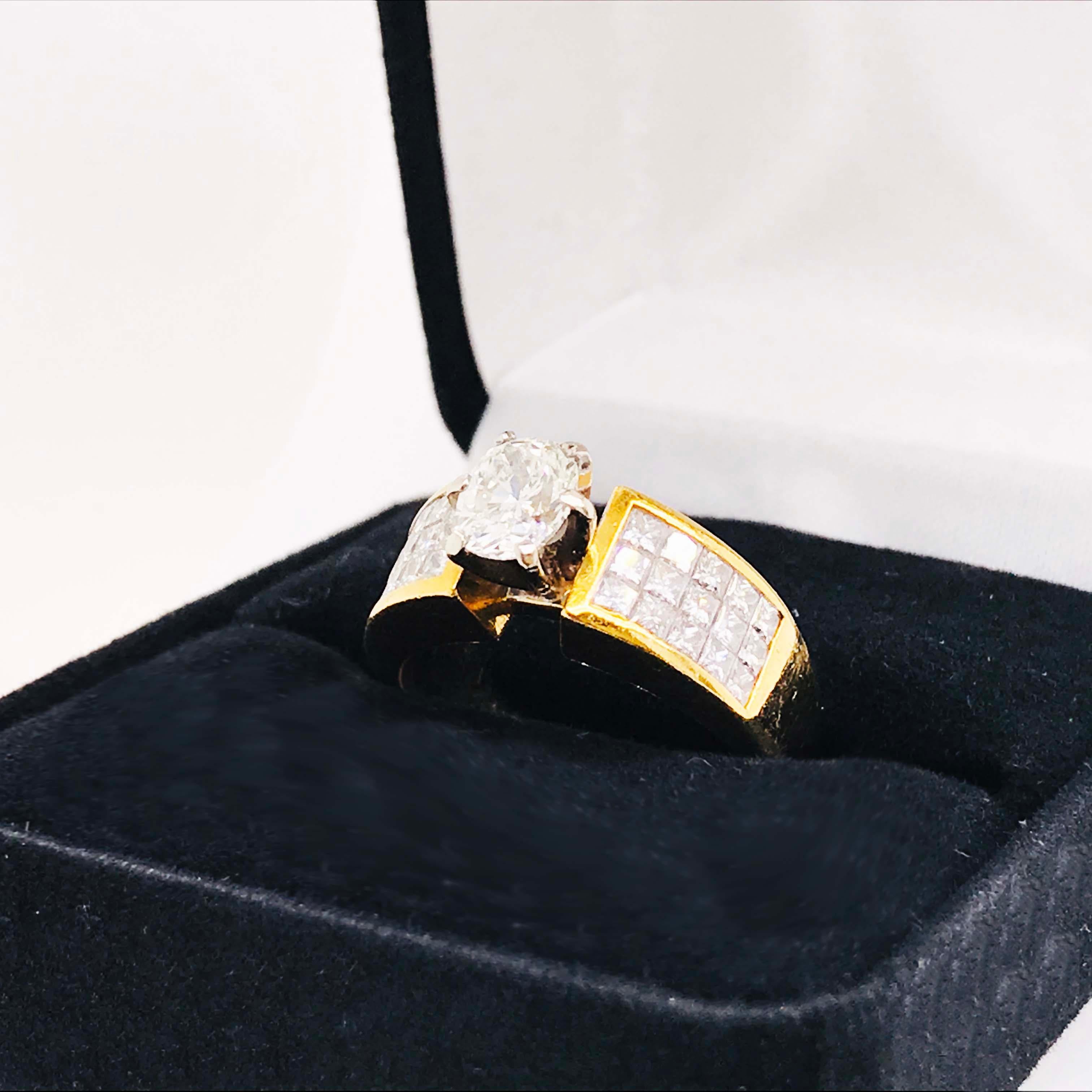 Women's Oval Diamond Ring, 1.50 Carat with Princess Cut Diamond Band, 18 Karat Gold For Sale