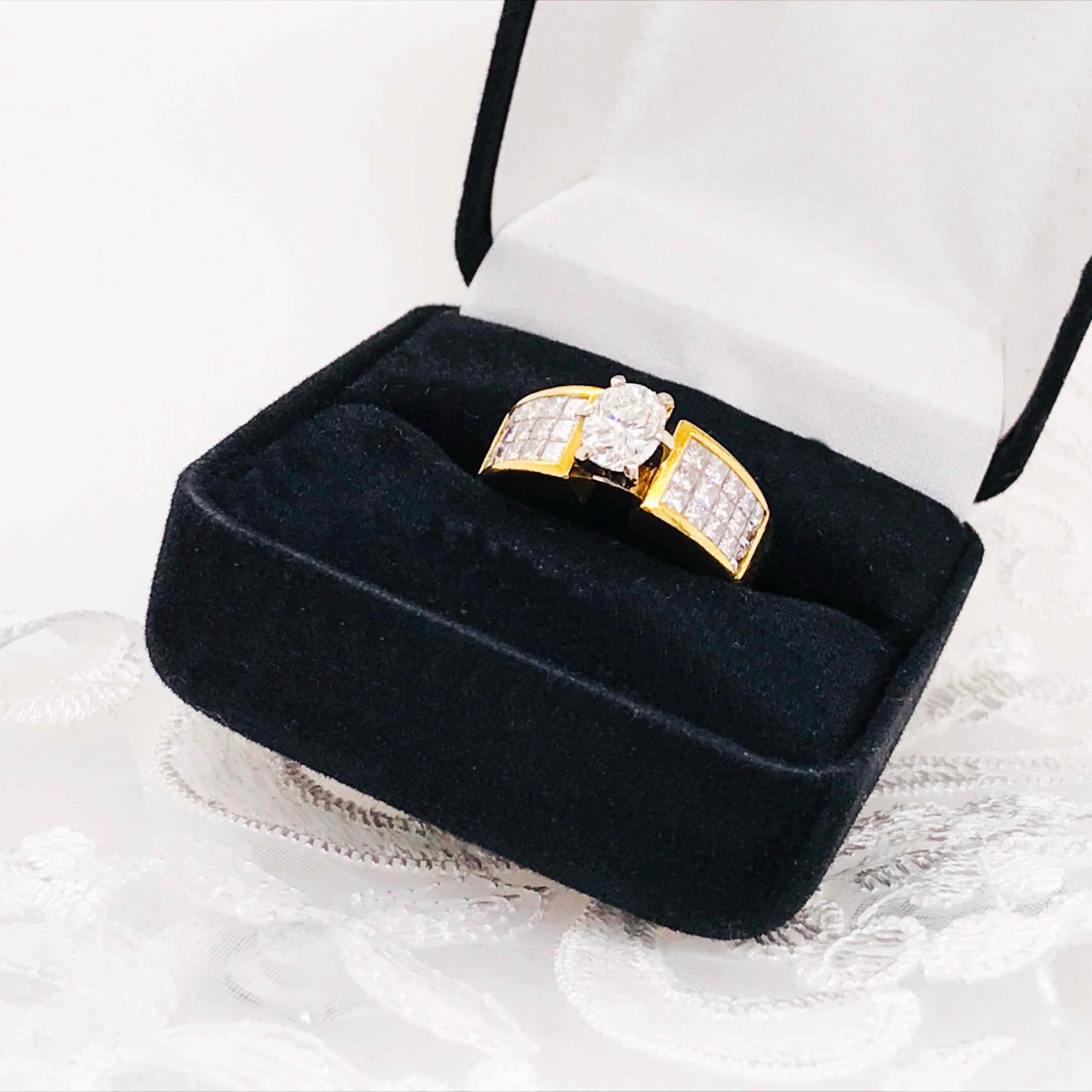 Oval Diamond Ring, 1.50 Carat with Princess Cut Diamond Band, 18 Karat Gold For Sale 1