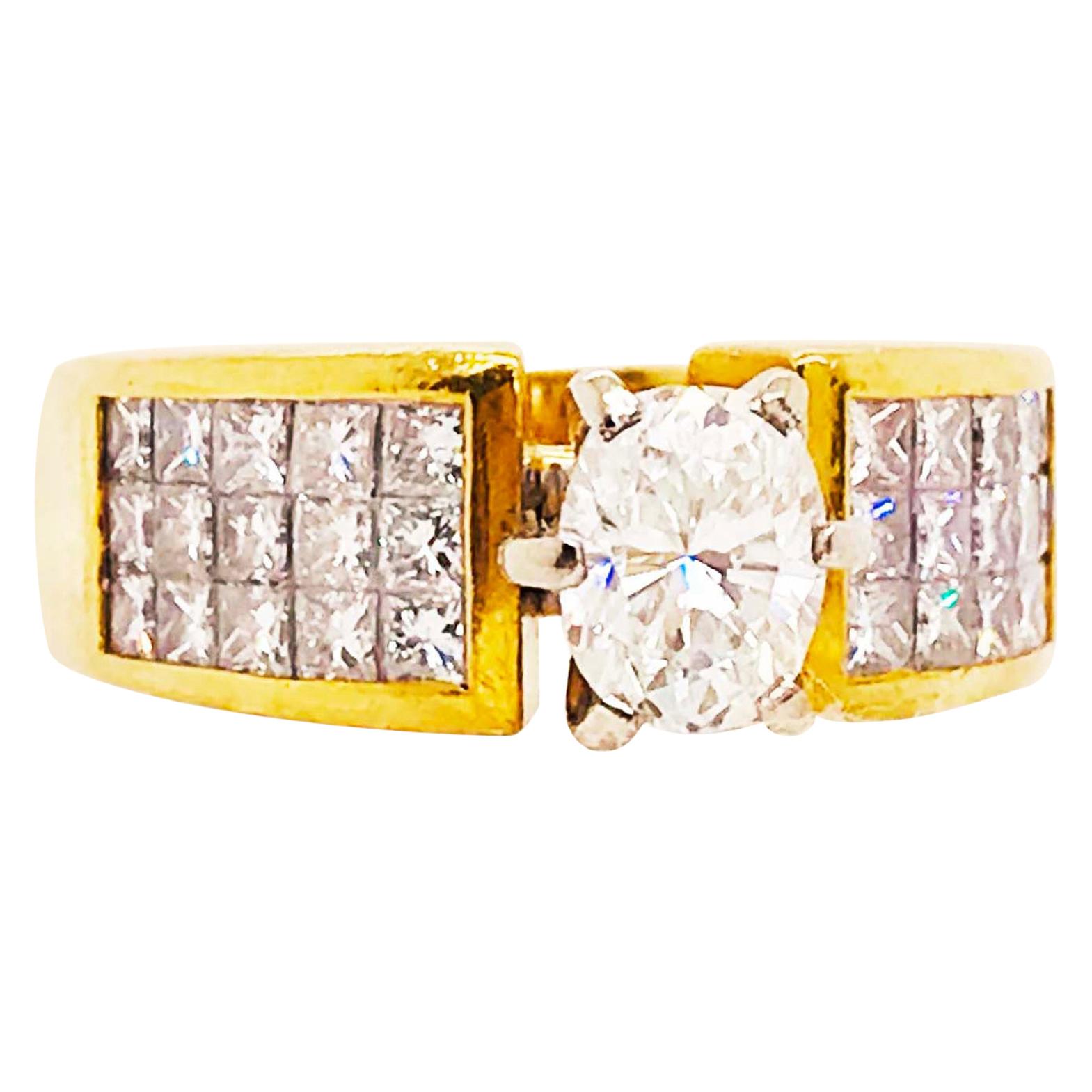 Oval Diamond Ring, 1.50 Carat with Princess Cut Diamond Band, 18 Karat Gold For Sale