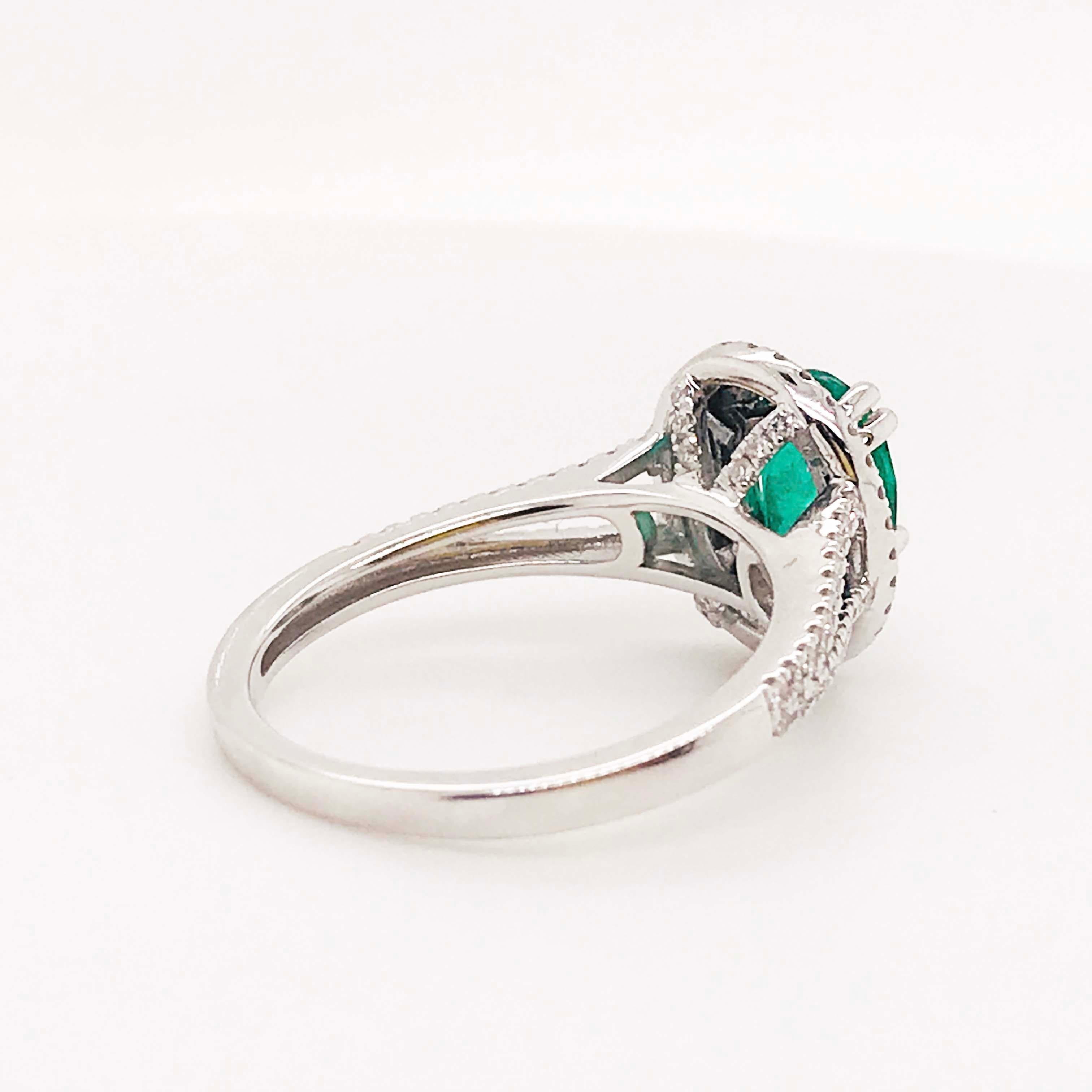1.50 Carat Oval Emerald and Diamond Halo Engagement Ring White Gold Diamond Band For Sale 1