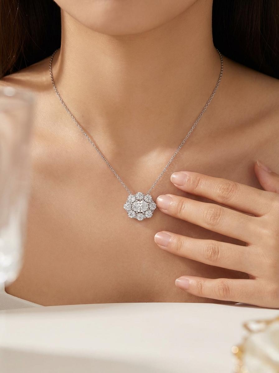 1.50 Carat Oval Halo Diamond Pendant in 18K White Gold with 18