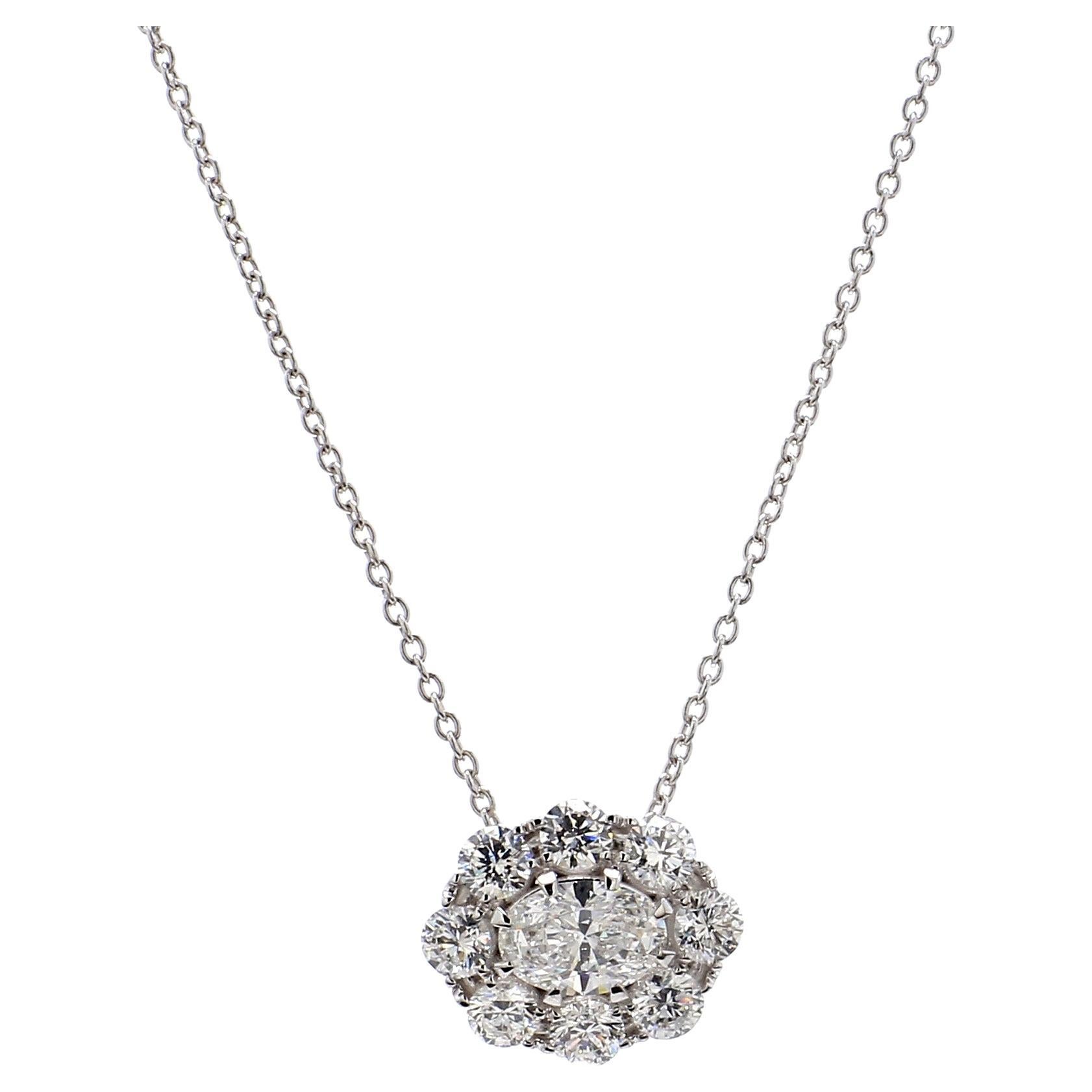 1.50 Carat Oval Halo Diamond Pendant in 18K White Gold with 18" Chain