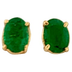 1.50 Carat Oval Natural Emerald Stud Post Earrings 14 Karat Yellow Gold