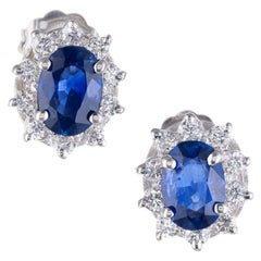 1.50 Carat Oval Royal Blue Sapphire Diamond White Gold Earrings