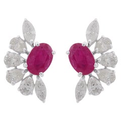 1.50 Carat Oval Ruby Stud Earrings 10k White Gold 1.70 Carat Marquise Diamond