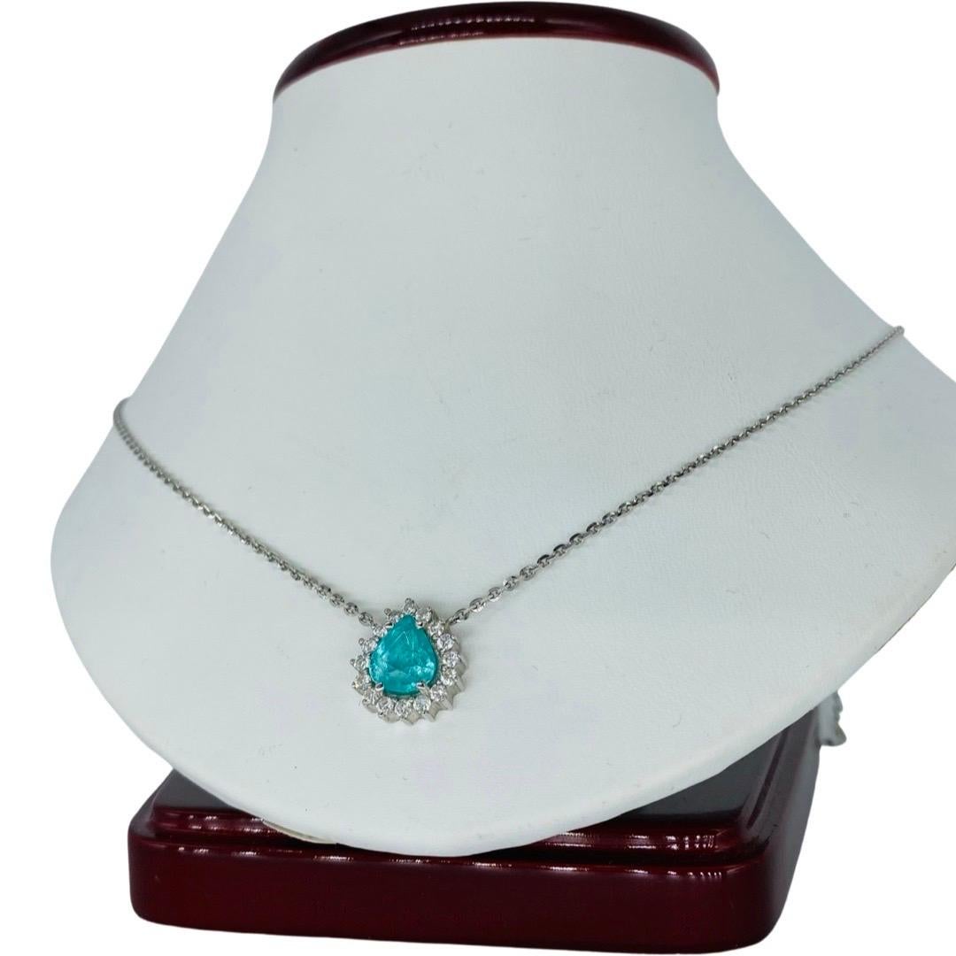 Pear Cut 2.25 Total Carat Weight Paraíba Tourmaline and Diamonds Necklace 18k White Gold For Sale