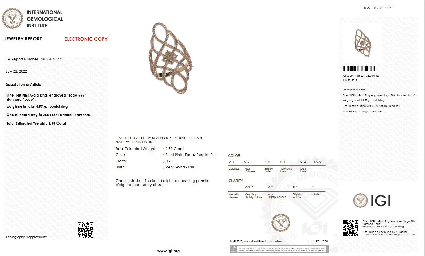 IGI certificate 1.50ct Natural Pink Diamond Ring 14K Rose Gold  1