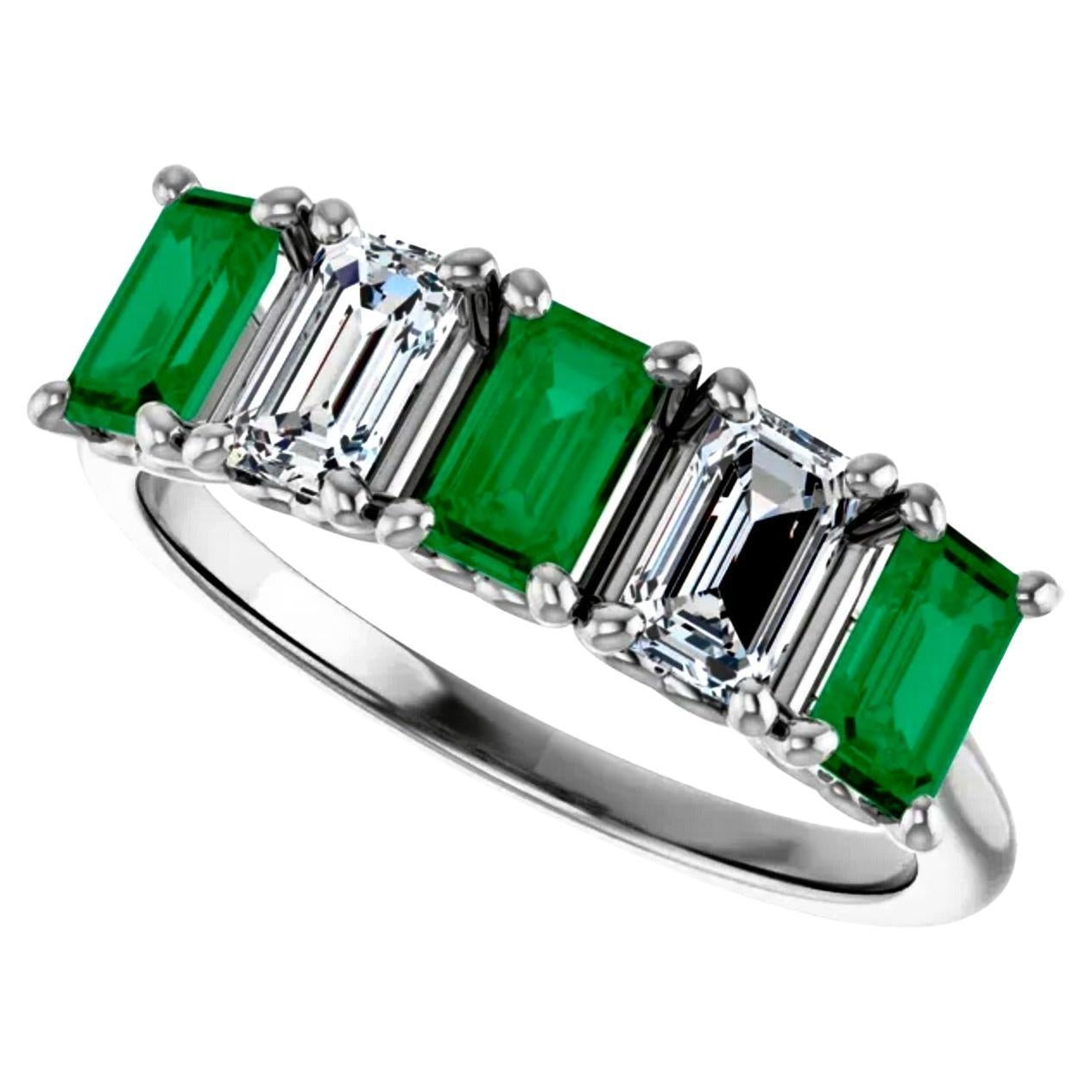 Art Deco 1.50 Carat Platinum 5 Stone Colombian Emerald and Diamond Ring Band For Sale