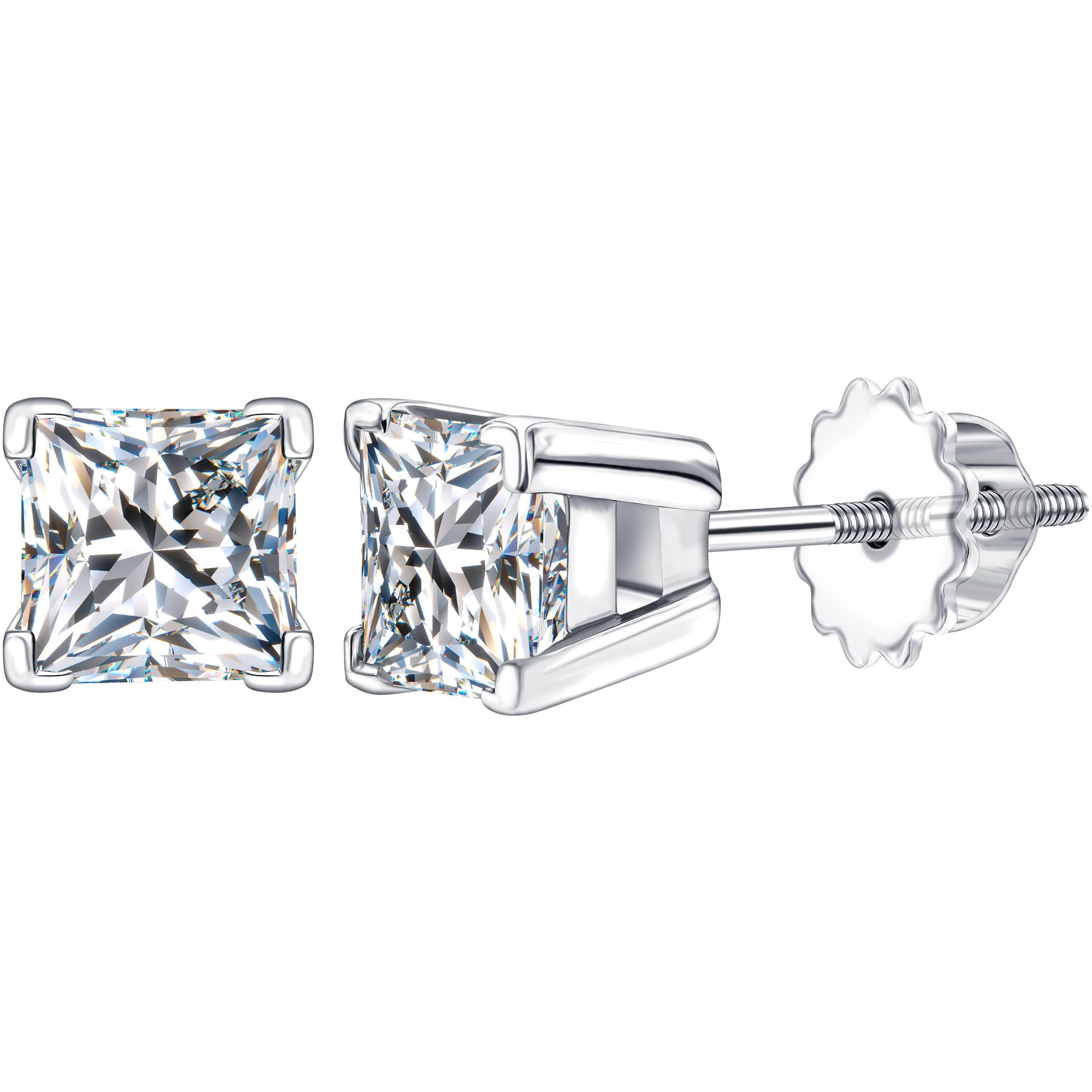 1.50 Carat Princess Cut 18 KT White Gold Solitaire Diamond Stud Earrings 