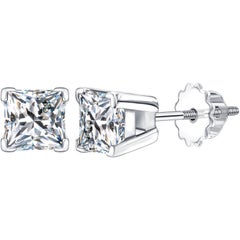 1.50 Carat Princess Cut 18 KT White Gold Solitaire Diamond Stud Earrings 