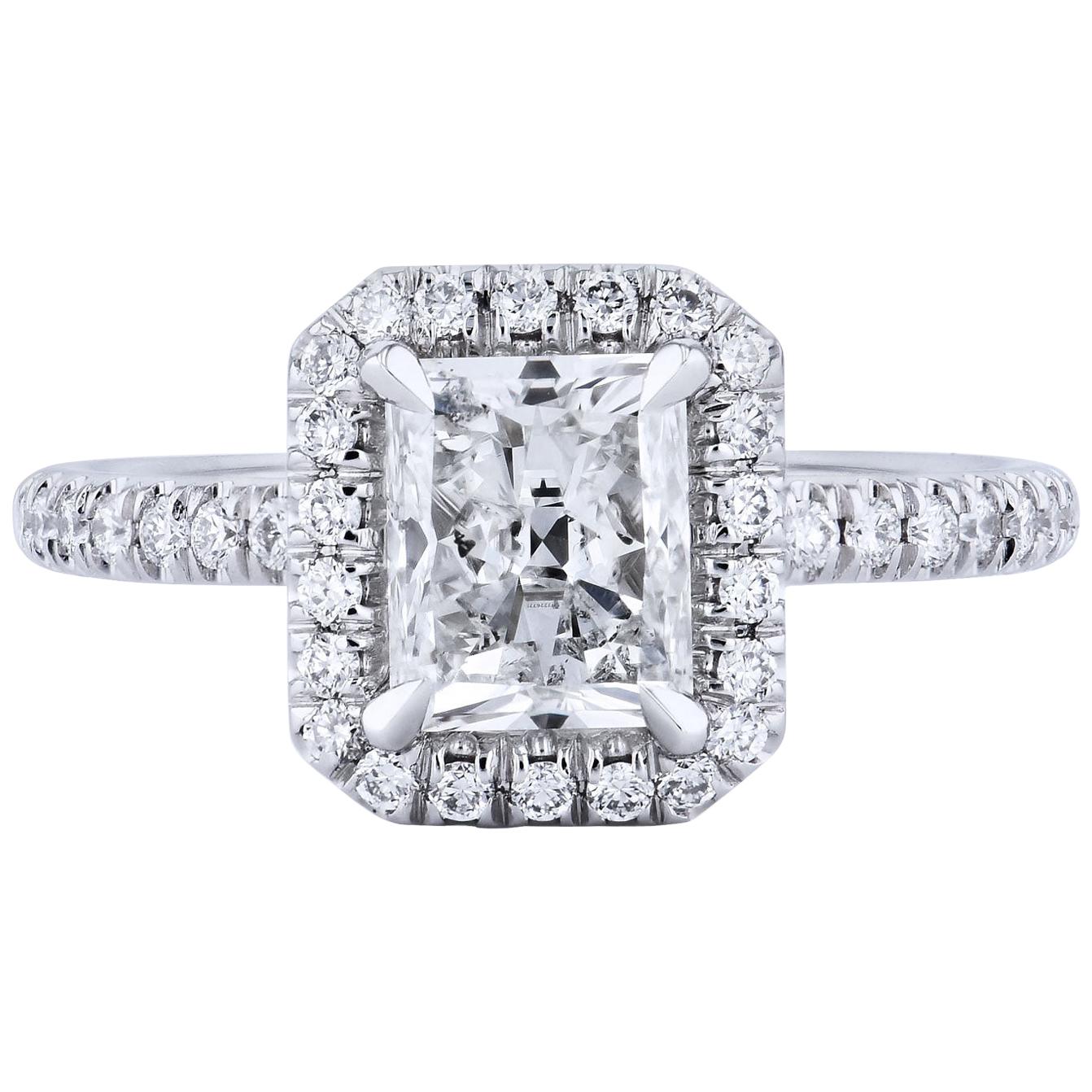 GIA Certified 1.50 Carat Radiant Cut Diamond Engagement Ring w/ a Pave Set Halo