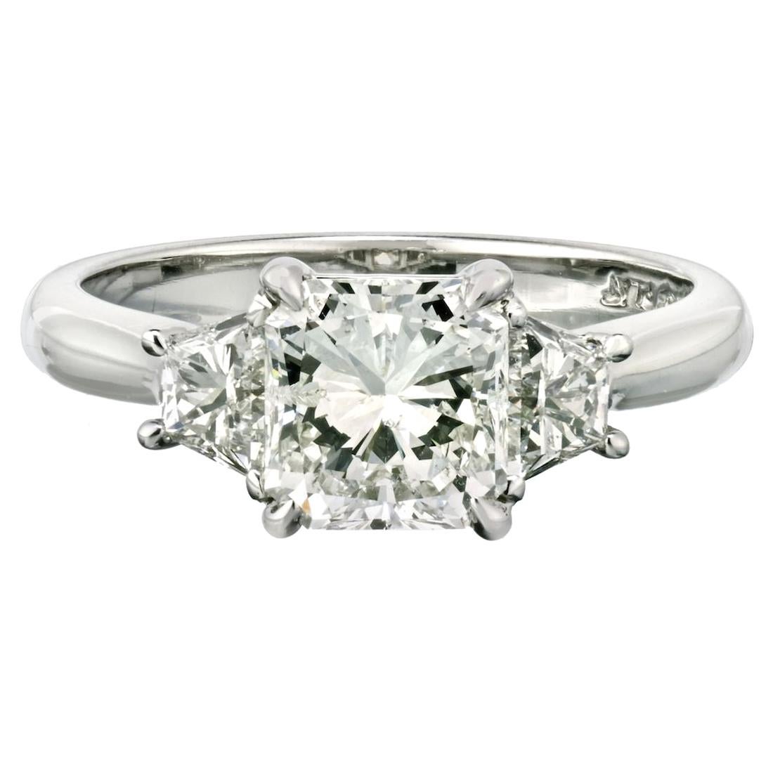 1.50 Carat Radiant Cut Diamond H/SI2 GIA Three-Stone Engagement Ring For Sale
