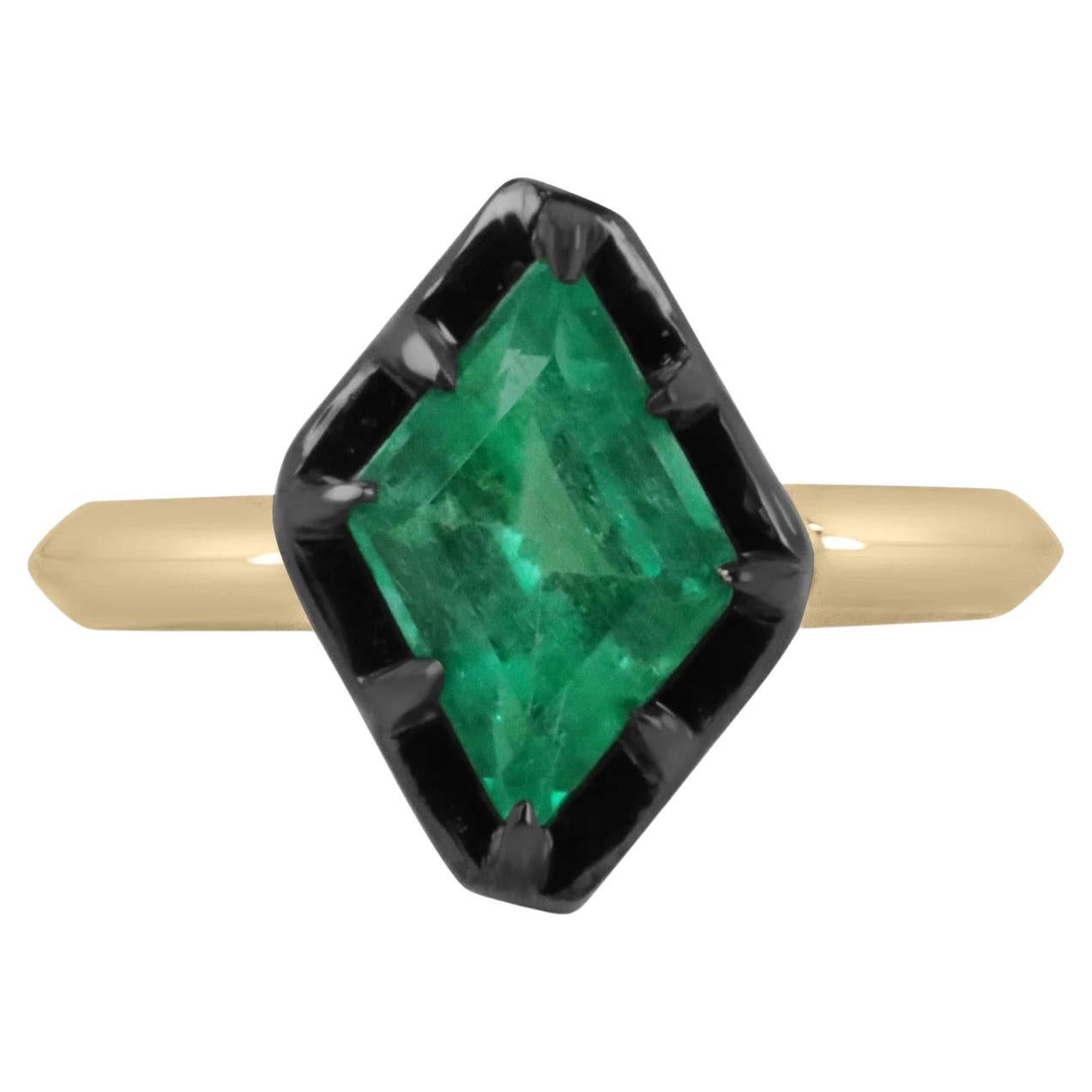 1.50 Carat Rare Colombian Emerald, Lozenge Cut Solitaire Eight Prong Ring 18K