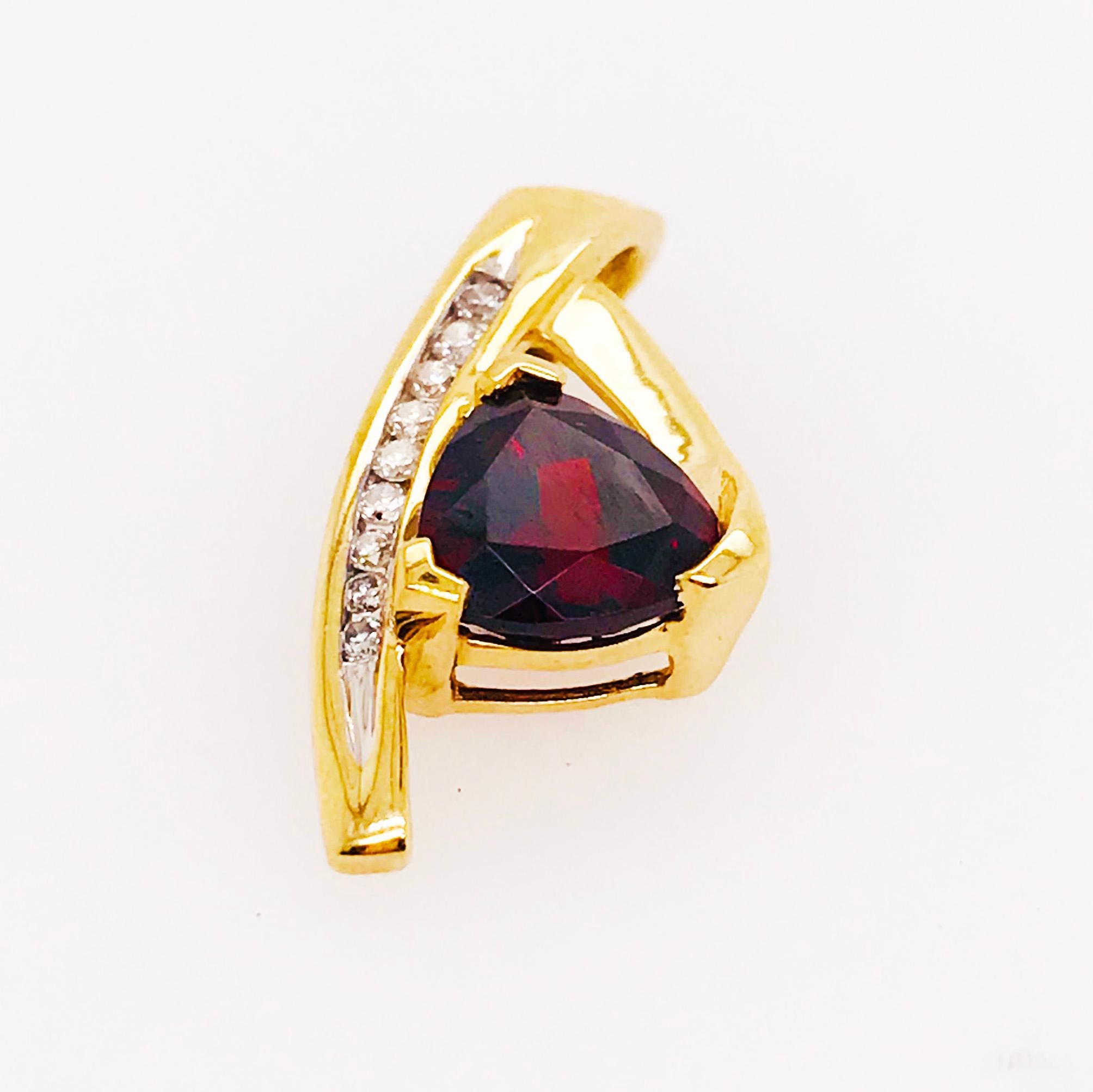 Trillion Cut 1.50 Carat Red Garnet and .10 Diamond Slide Pendant, Estate Piece in Yellow Gold