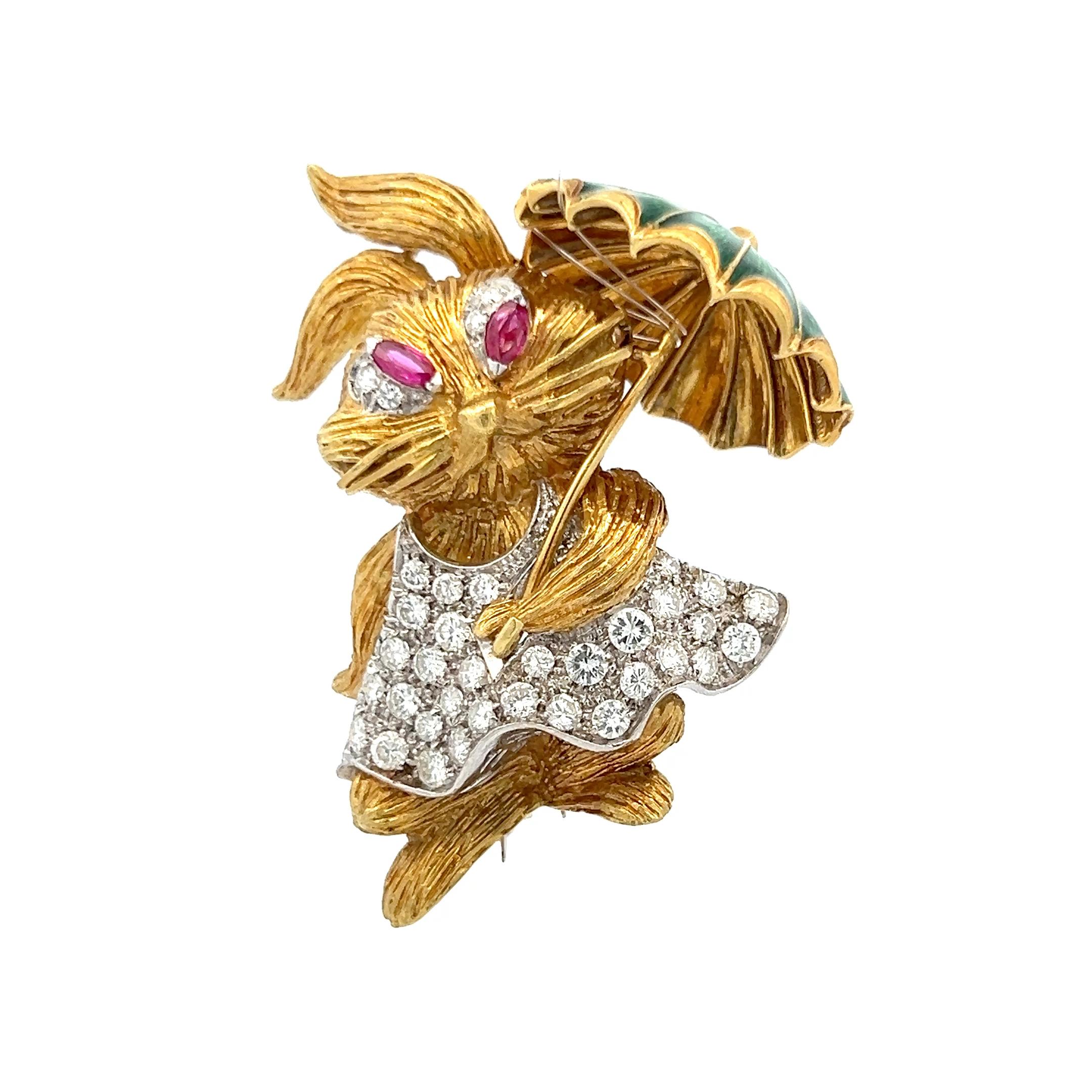 1,50 Karat Runder Brillant Diamant 0,25 Karat Rubin 18 Karat Gold Pin Brosche Damen