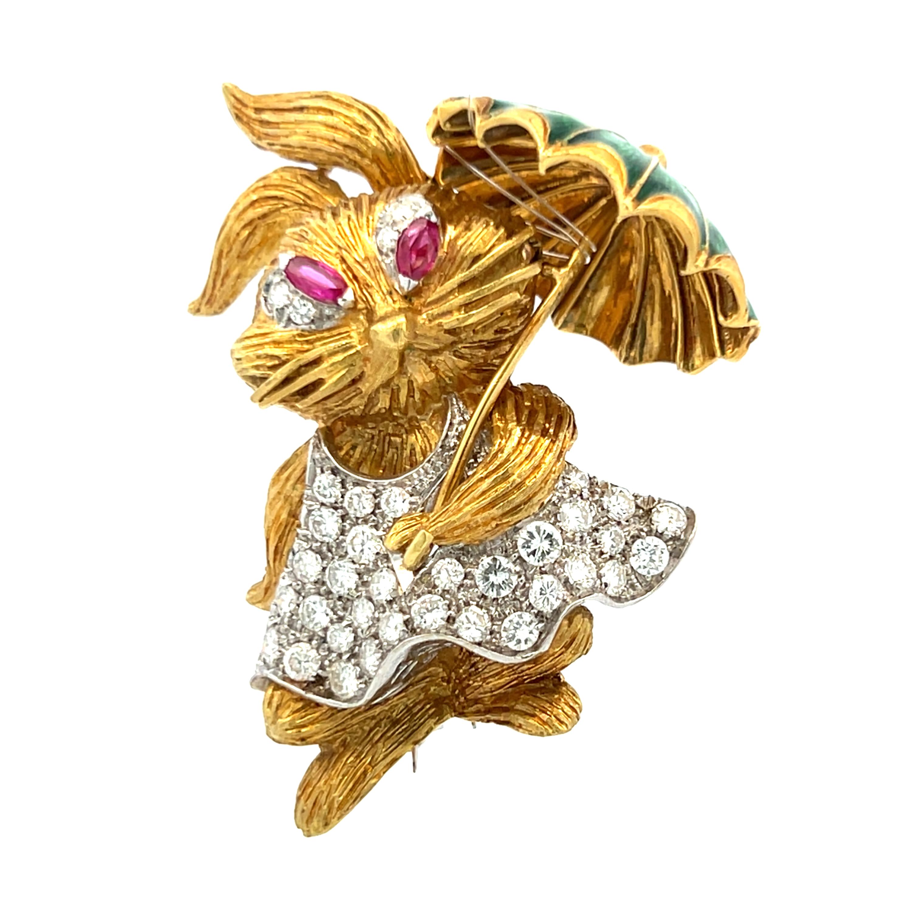 1,50 Karat Runder Brillant Diamant 0,25 Karat Rubin 18 Karat Gold Pin Brosche 1