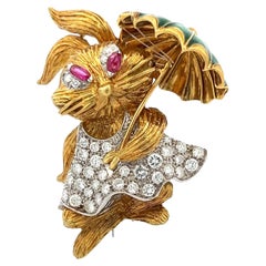1.50 Carat Round Brilliant Diamond 0.25 Carat Ruby 18 Karat Gold Pin Brooch