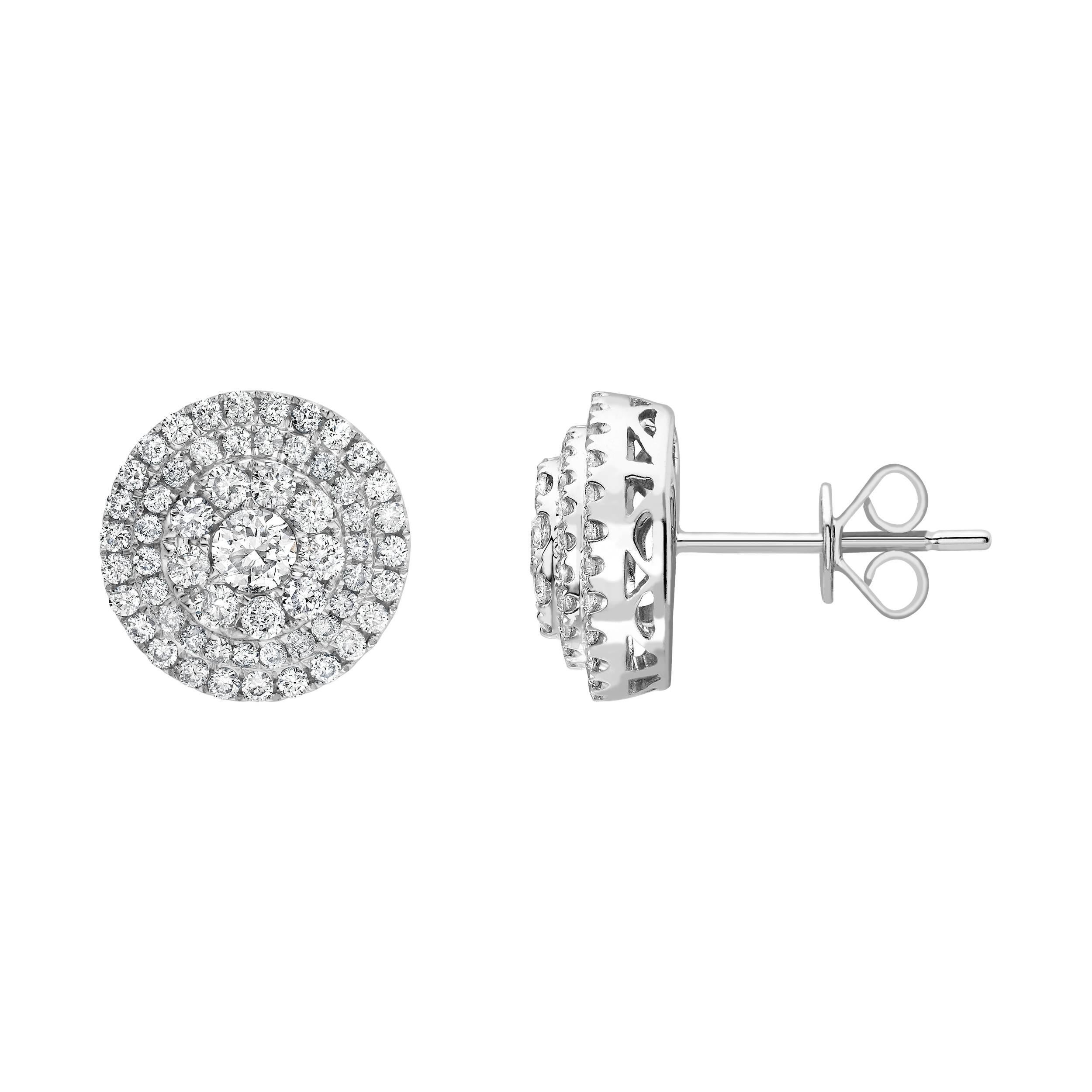 Clous d'oreilles en or blanc 18 carats avec halo de fleurs et diamants ronds de 1,50 carat