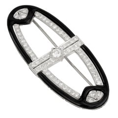1.50 Carat Round Diamond Black Enamel Platinum White Gold Art Deco Brooch