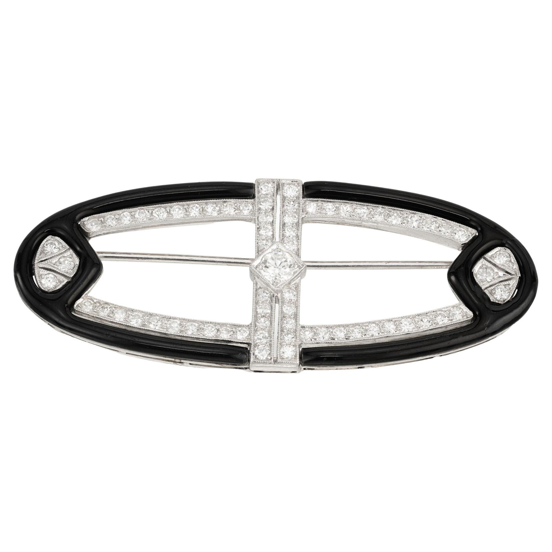 1.50 Carat Round Diamond Black Enamel Platinum White Gold Art Deco Brooch