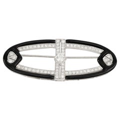 1.50 Carat Round Diamond Black Enamel Platinum White Gold Art Deco Brooch