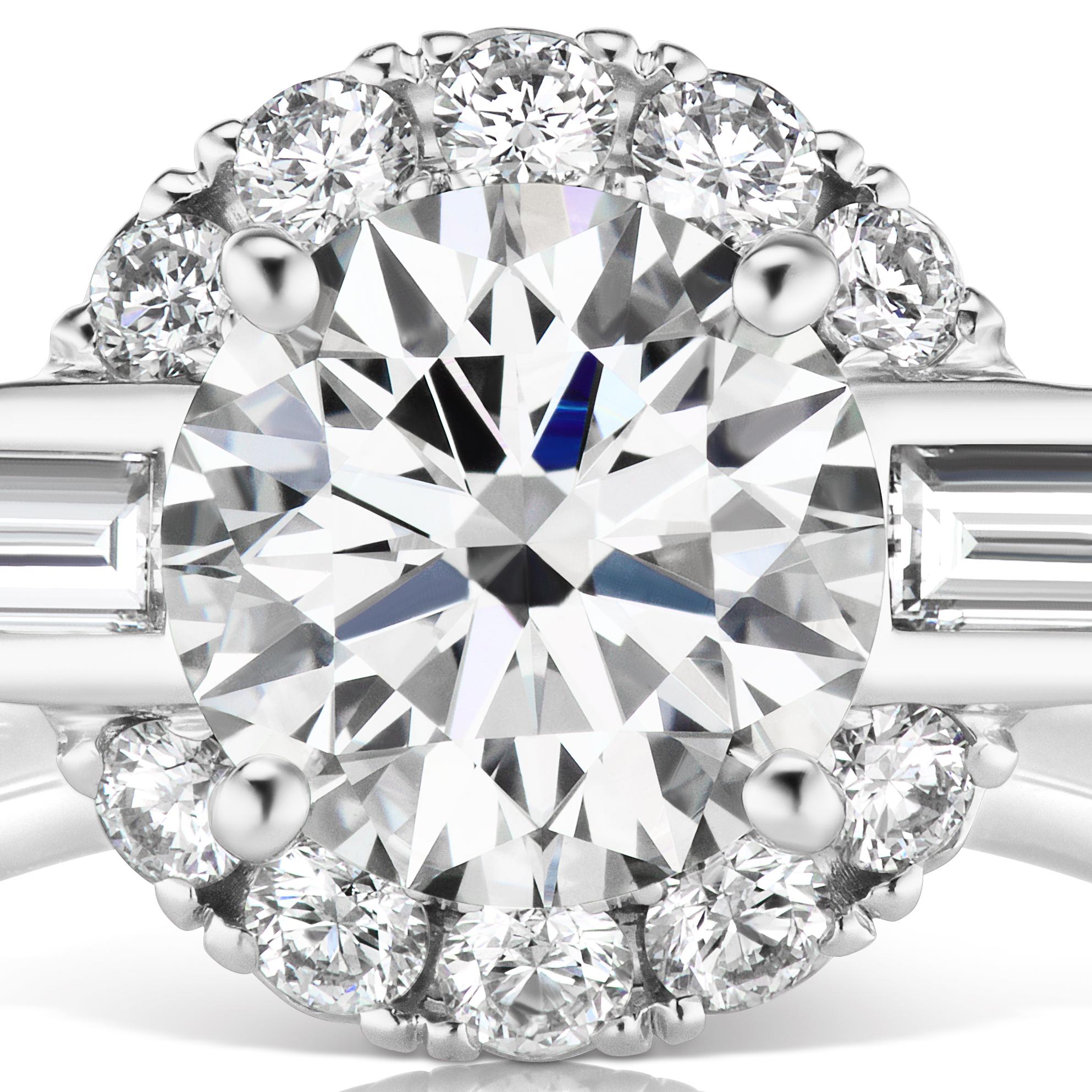 1.50 Carat Round Diamond Engagement Ring with 1.07 Carat Baguette Accents (Rundschliff)