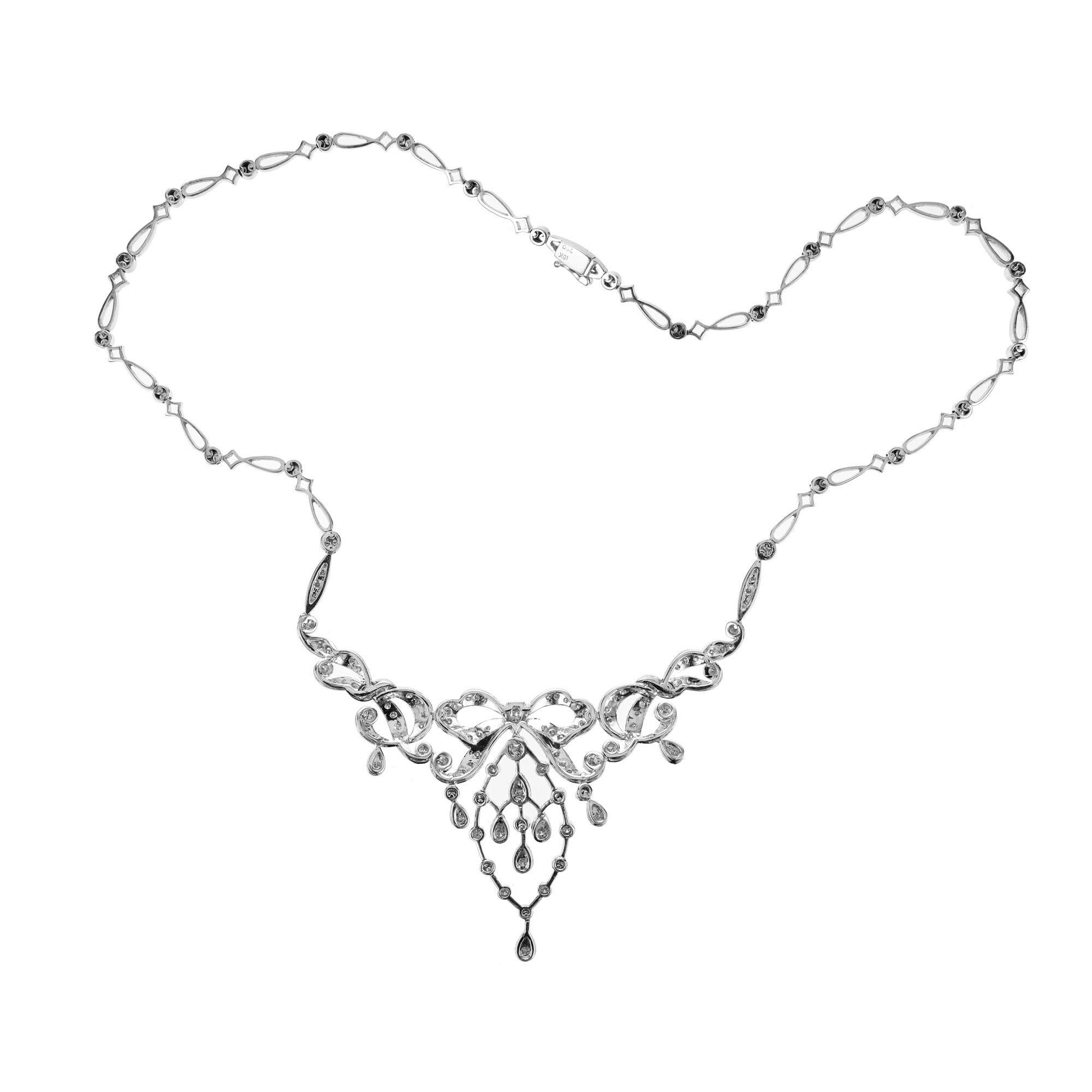 Women's 1.50 Carat Round Diamond White Gold Bow Pendant Necklace For Sale
