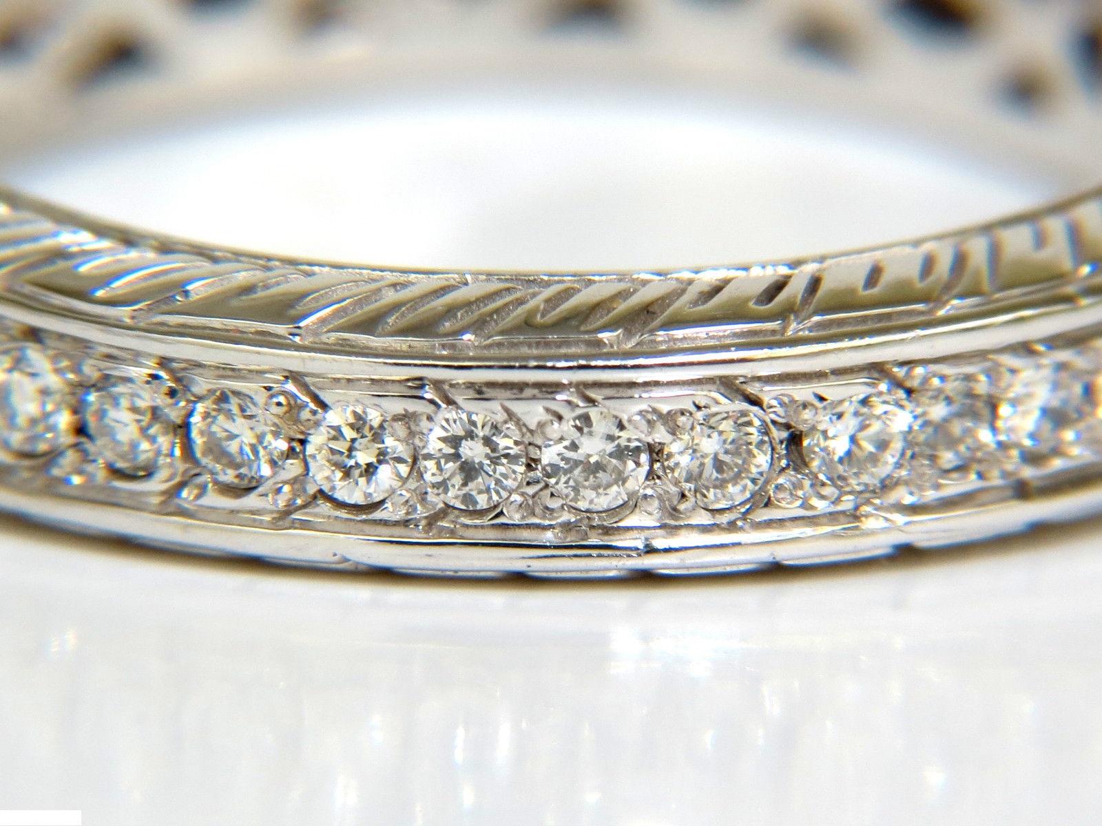 1.50ct. Diamonds eternity band 

Rounds & Full Cuts 

F-G color 

Vs-1 clarity

french pave hand-set

6.5 grams

Size 9.5 and may not resize.

Gorgeous scaling Gil Design on Profile 

Closed gallery inner for comfort 

4.30mm thick

2.60mm