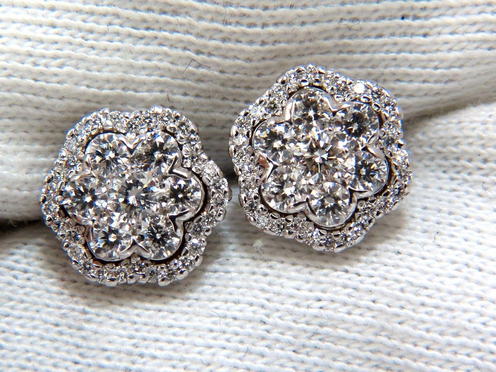 1.50 Carat Round Natural Diamond Cluster Halo Stud Earrings G.Vs 14 Karat In New Condition In New York, NY