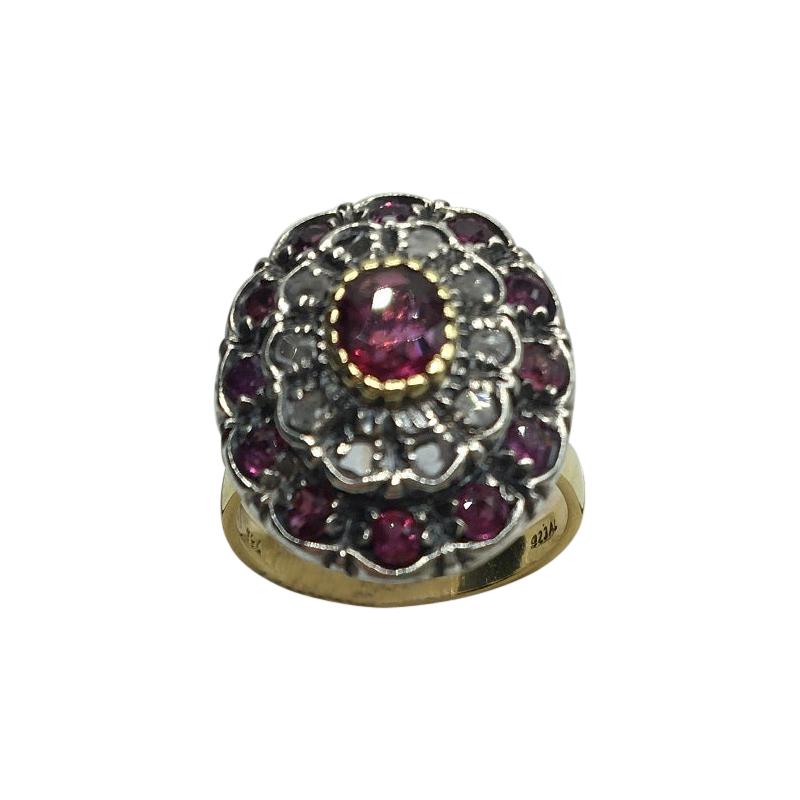 1.50 Carat Rubies 0.50 Diamonds Gold and Silver Dome Cocktail Ring, 1980s For Sale