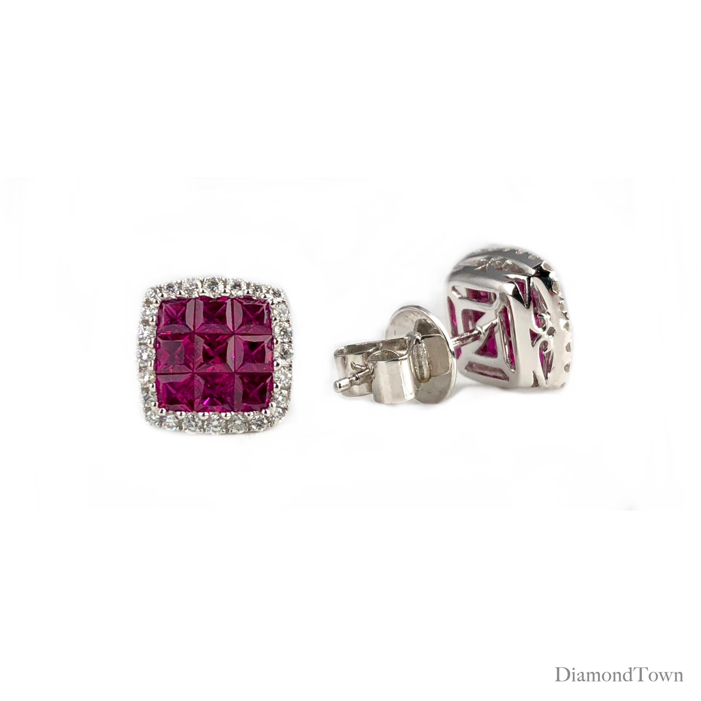 DiamondTown final discount pricing. Sale ends January 14, 2019.

These stud earrings feature a ruby square cluster center (nine stones each earring, total weight 1.50 carats), surrounded by a halo of white diamonds (total diamond weight 0.29 carats)