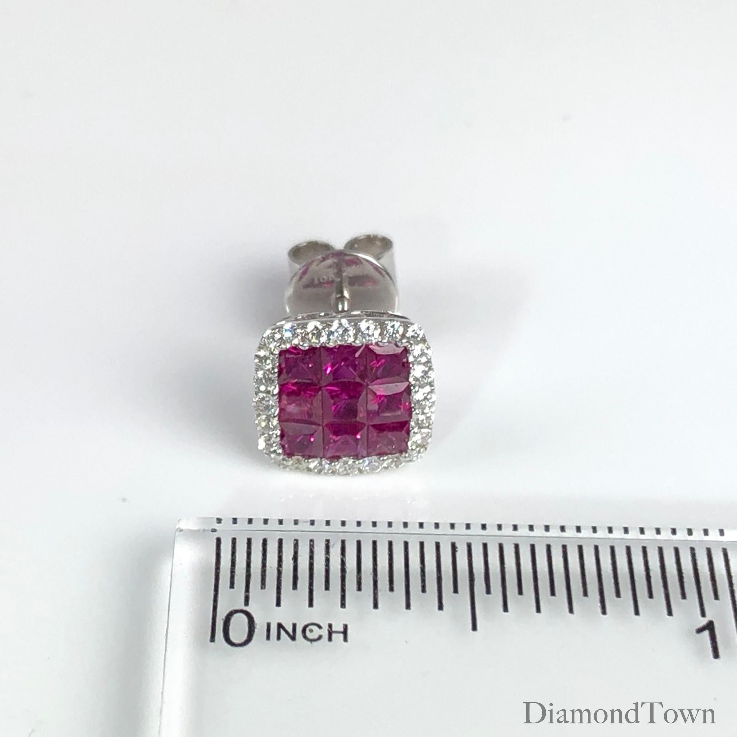 1.50 Carat Ruby and 0.29 Carat Diamond Halo Stud Earrings set in 18 Karat Gold In New Condition In New York, NY