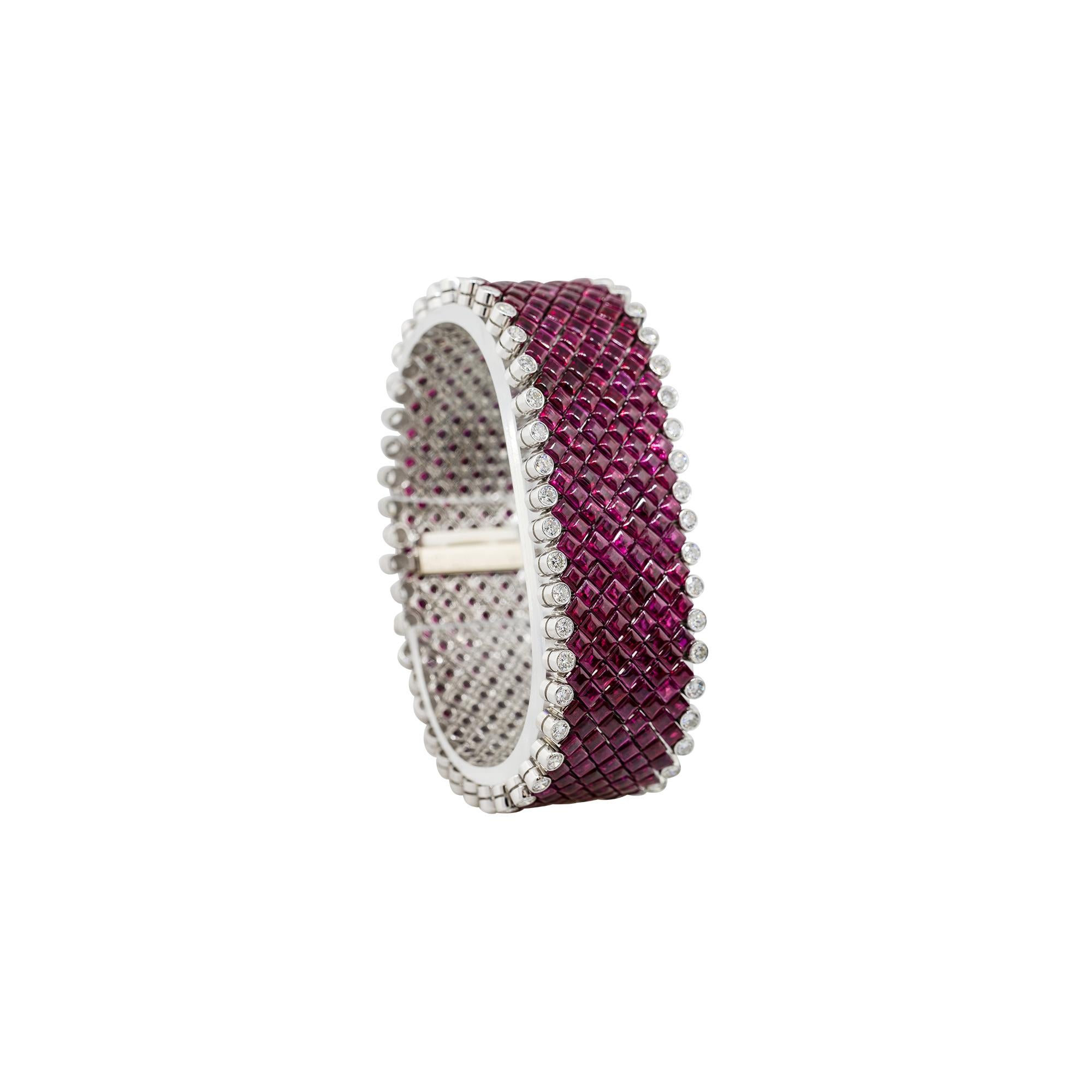 Square Cut 150 Carat Ruby Buff-Top Flexible Bracelet with Diamonds Platinum in Stock