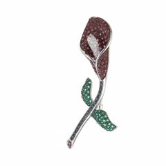 1.50 Carat Ruby Diamond Emerald Black Diamond 18k Calla lily Brooch Pendant