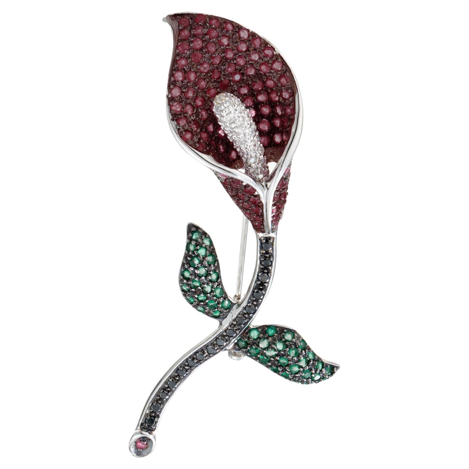 1.50 Carat Ruby Diamond Emerald Black Diamond 18k Calla lily Brooch Pendant