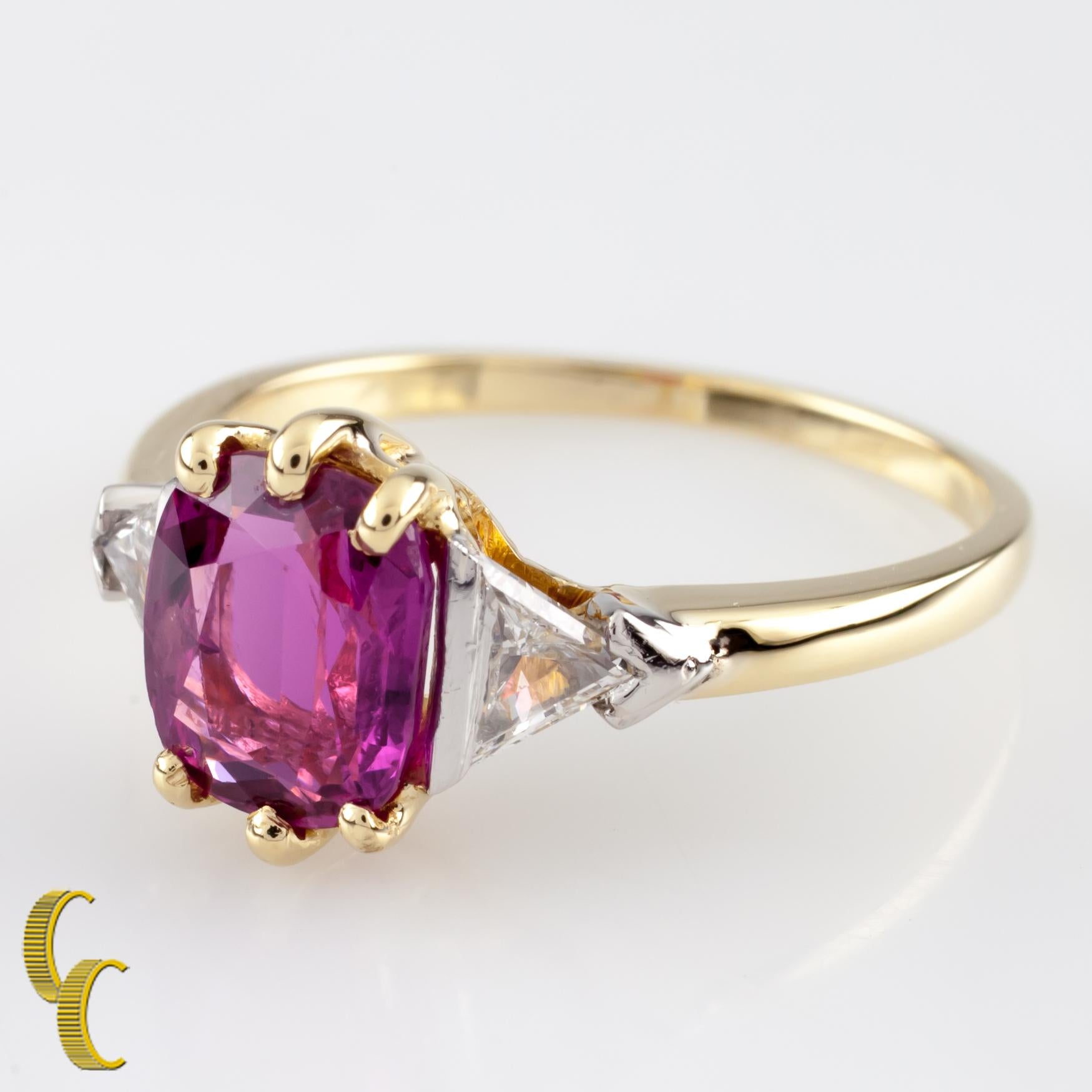 Beautiful Three-Stone 18k Yellow Gold Ring
Features Prong-Set 1.50 carat Natural Ruby Center Stone 
Two 0.15 carats Trillion (Triangle shaped) Diamond Accent Stones
Total Diamond weight: 0.30 carats
Ring size 7.25
Total mass - 4.2 grams